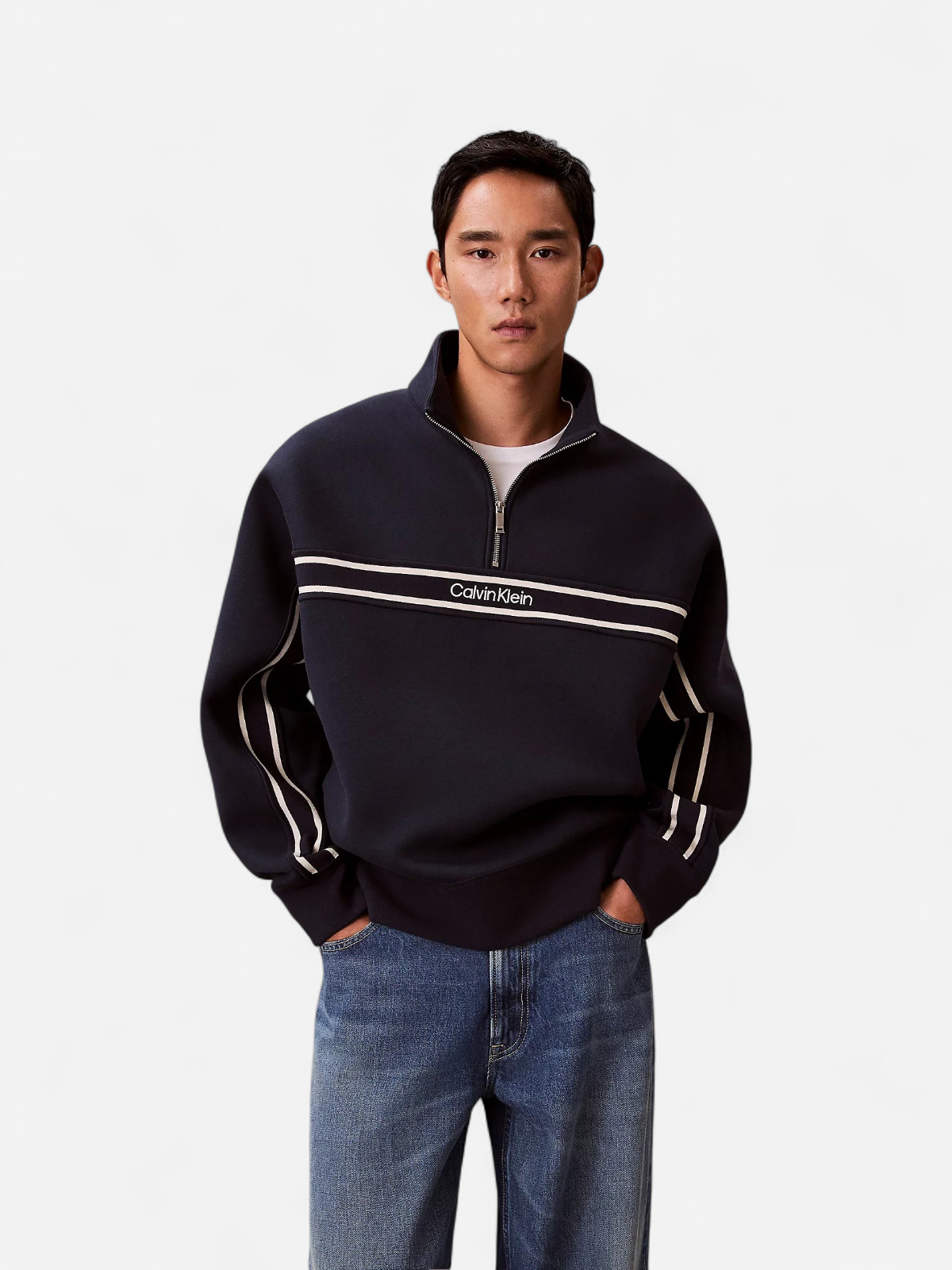 Calvin Klein Jeans miesten collegepaita LS Cotton Spacer Stripe Rib QTR, tummansininen - Kekäle.fi
