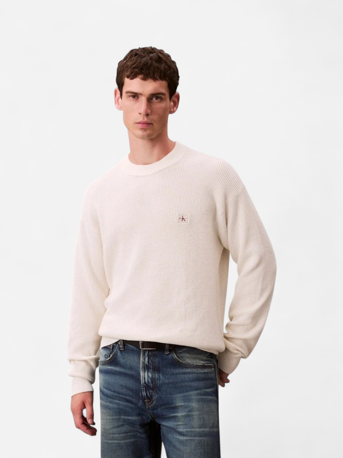 Calvin Klein Jeans miesten neulepusero LS EZ Cotton Waffle Crwnk Swtr 9, luonnonvalkoinen - Kekäle.fi