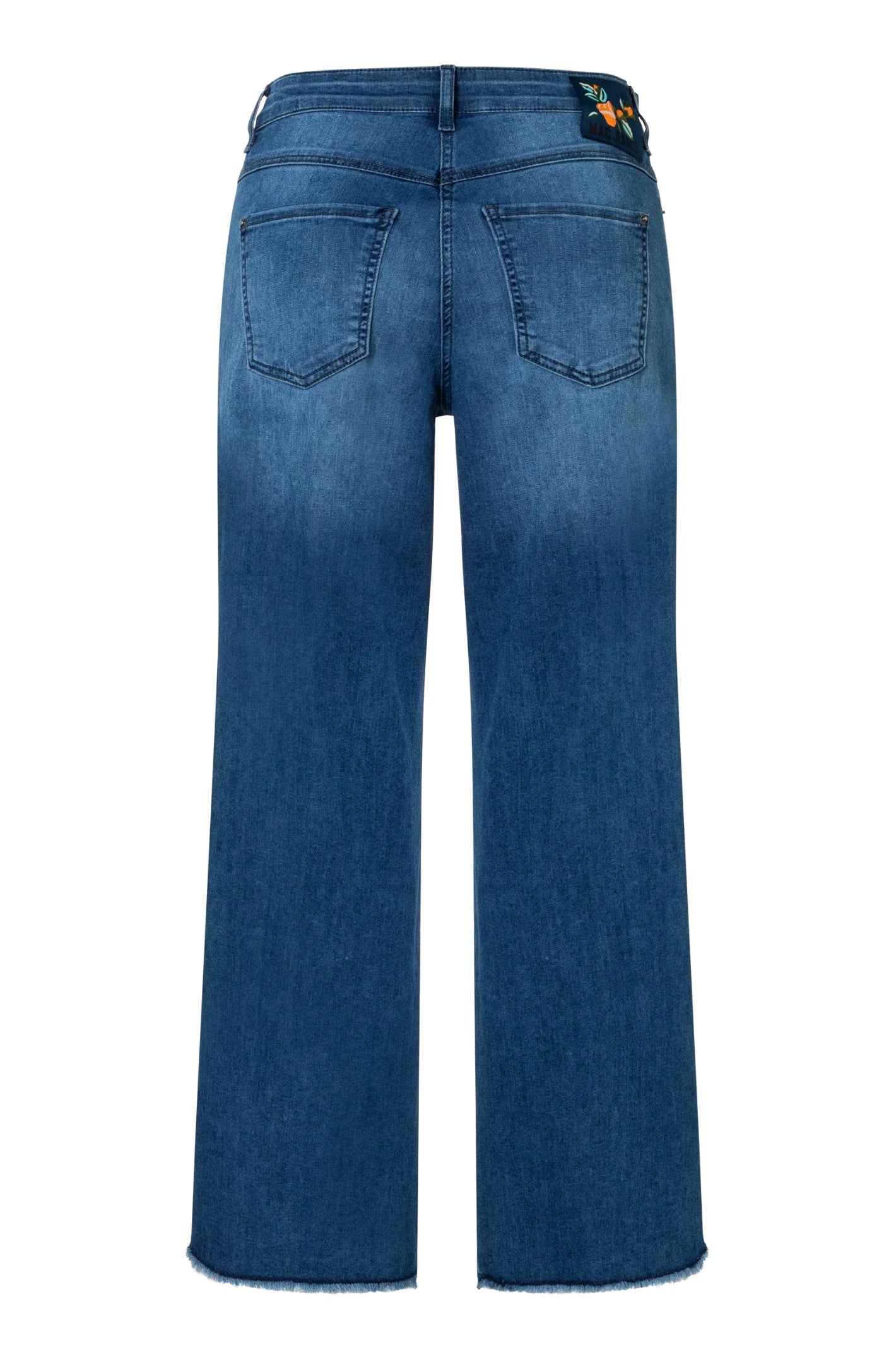 Mac naisten farkut Dream Wide Cropped, Indigo vahvassa indigonsinisessä sävyssä, suorilla lahkeilla ja lyhennetyllä mallilla, pehmeää ja kestävää farkkukangasta.