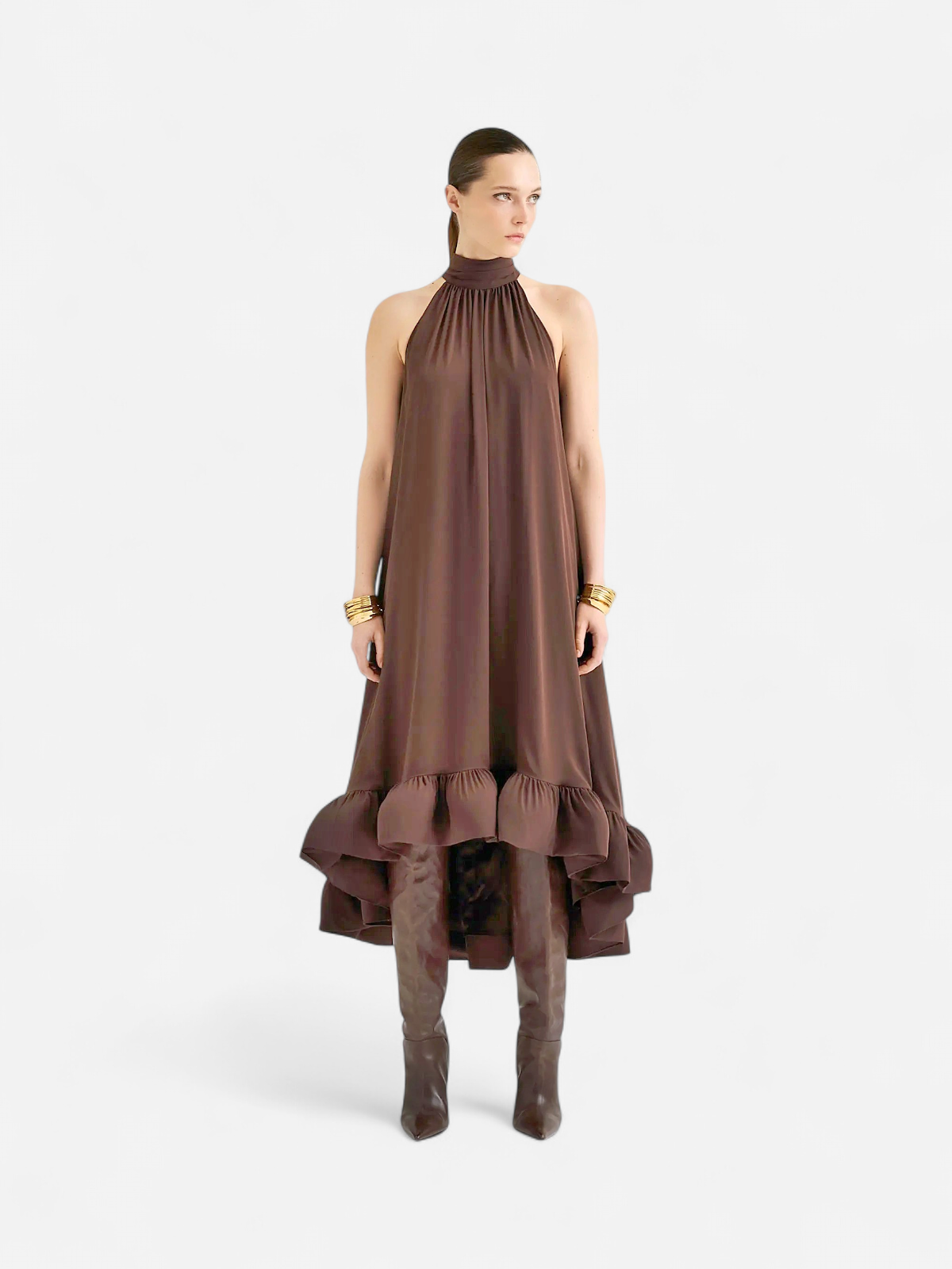 Malina naisten mekko, SABRINA HALTERNECK RUFFLED MAXI DRESS Tummanruskea - Kekäle.fi