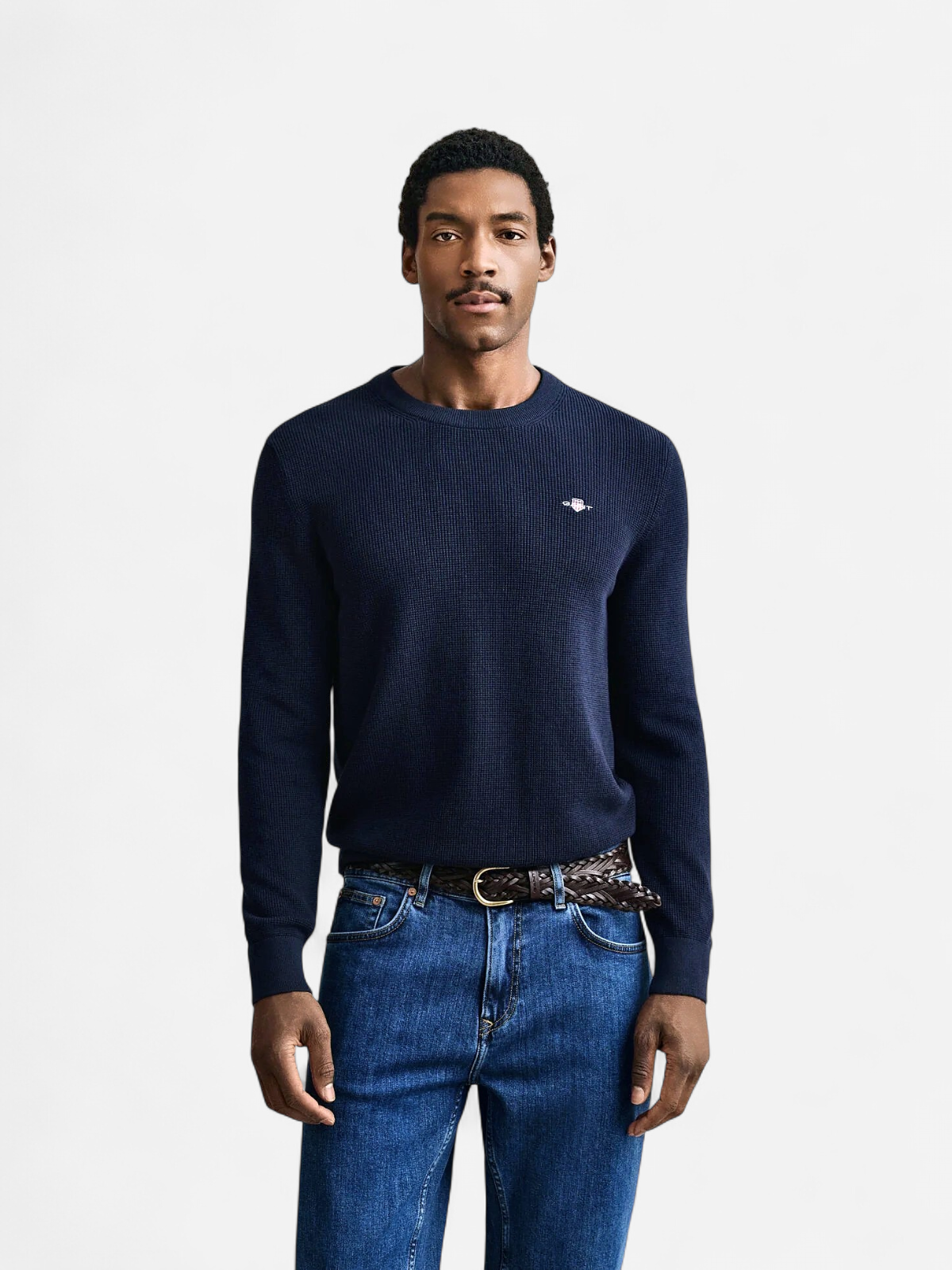 Gant miesten neulepusero Micro Textured Cotton C-Neck, tummansininen - Kekäle.fi