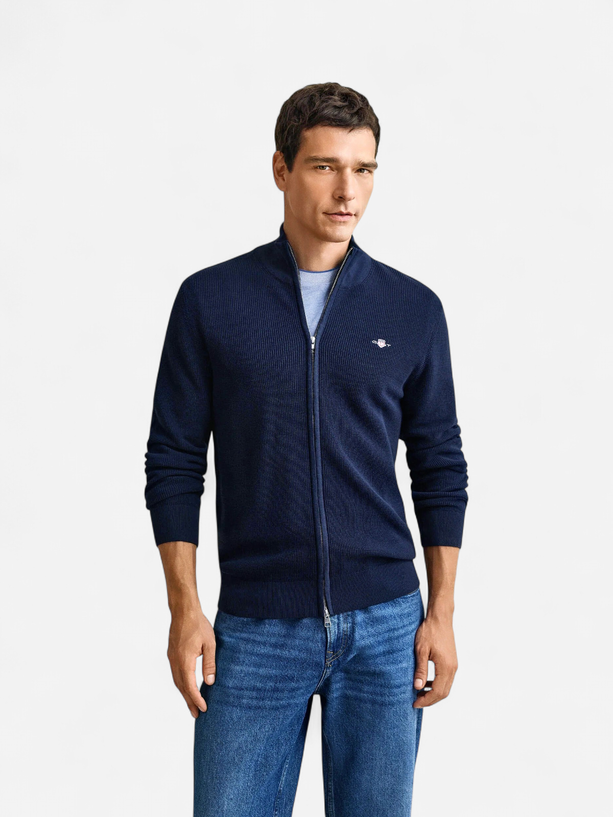 Gant miesten neuletakki Micro Textured Cotton Zip Cardigan, tummansininen - Kekäle.fi