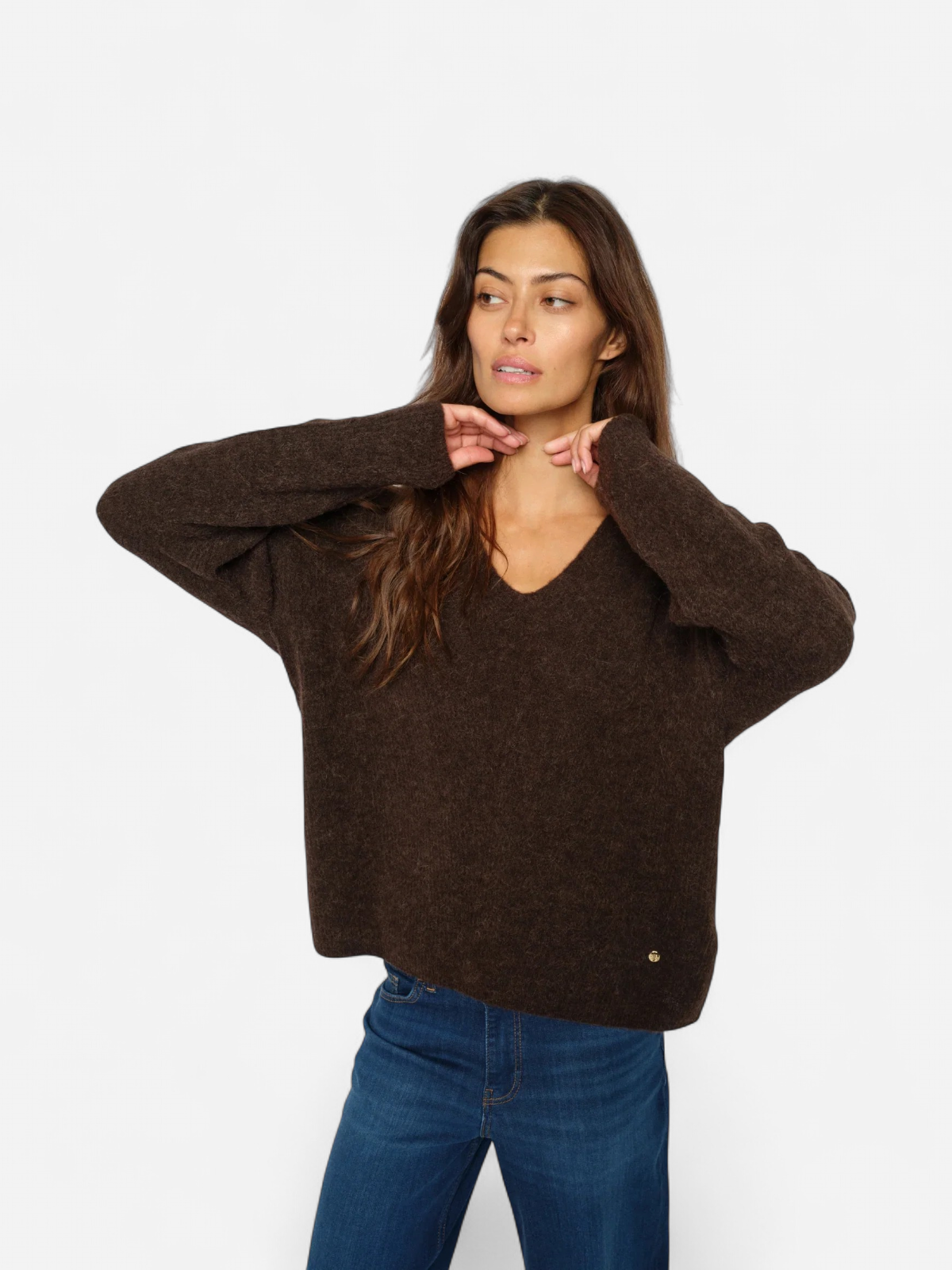 Mos Mosh neule, THORA V-NECK KNIT Tummanruskea - Kekäle.fi