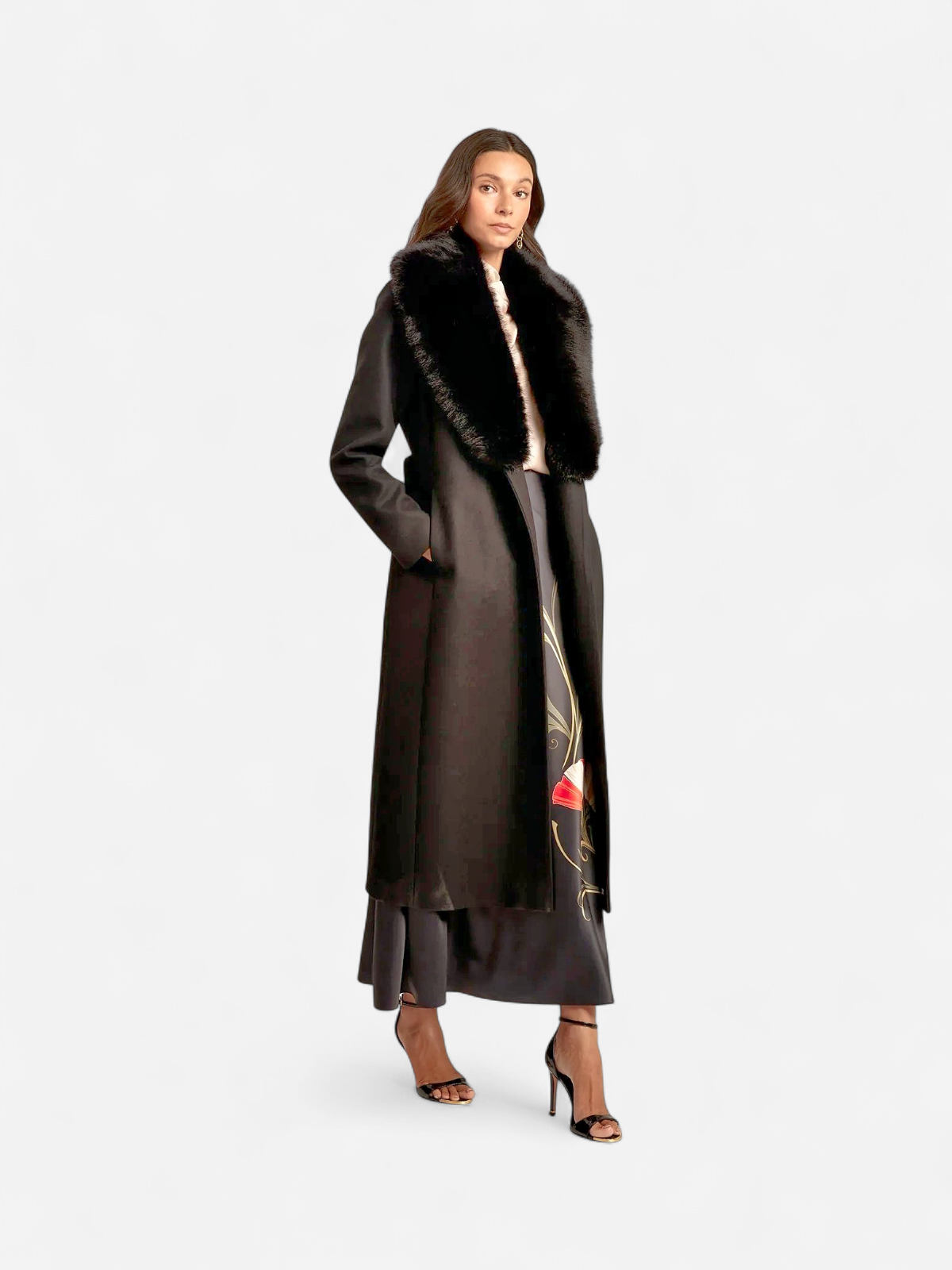 Ted Baker naisten takki MUSEA FAUX FUR BELTED LONG COAT, musta - Kekäle.fi