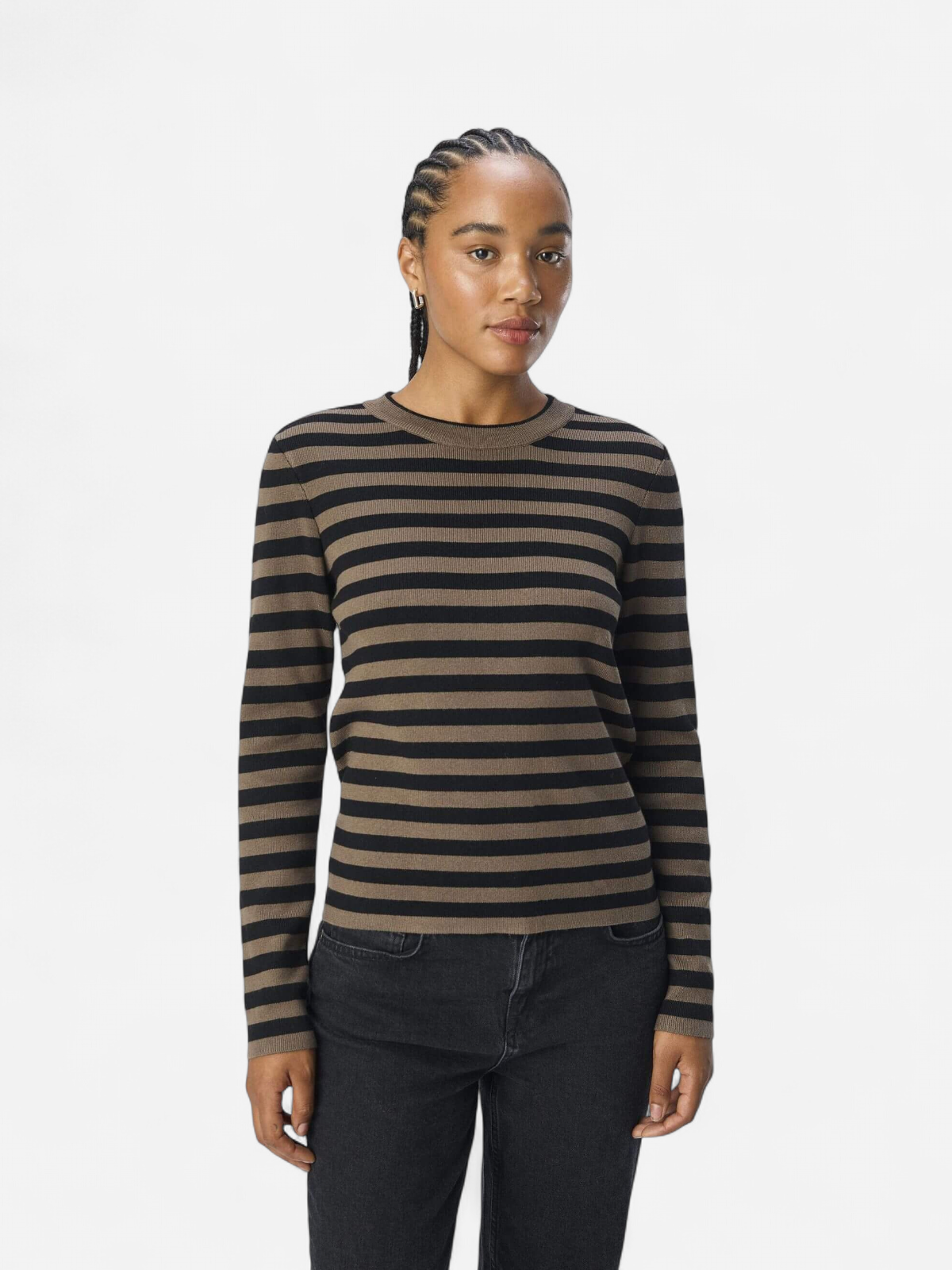 Object Naisten Neule, OBJESTER SLI L/S KNIT PULLOVER NOOS Raidallinen Ruskea - Kekäle.fi