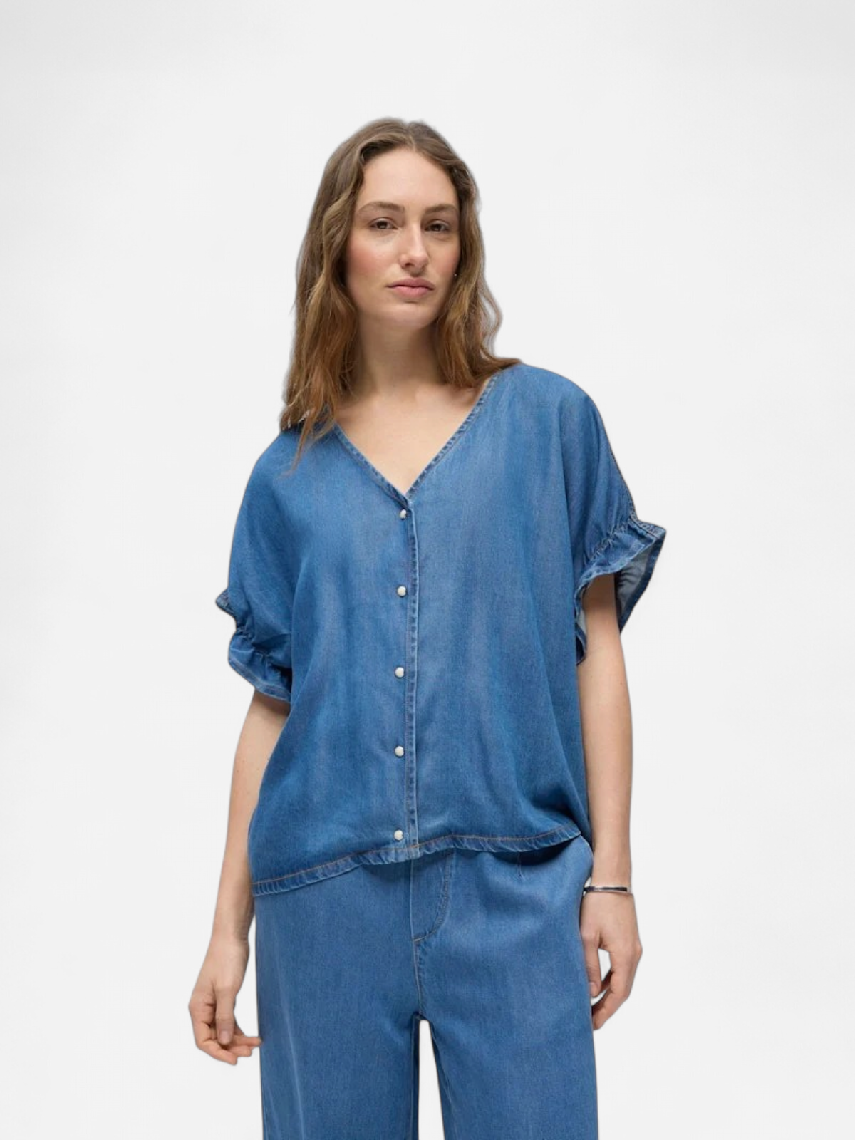 Object naisten pusero OBJFRAME 2/4 V-Neck RE Top, Medium Blue Denim - Kekäle.fi