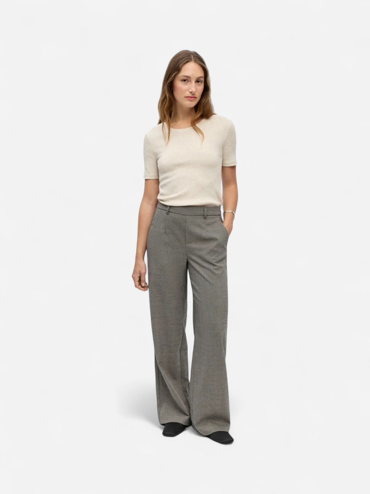 Object naisten Kangashousut ObjLisa Wide Pant, Grey Thin Beige - Kekäle.fi