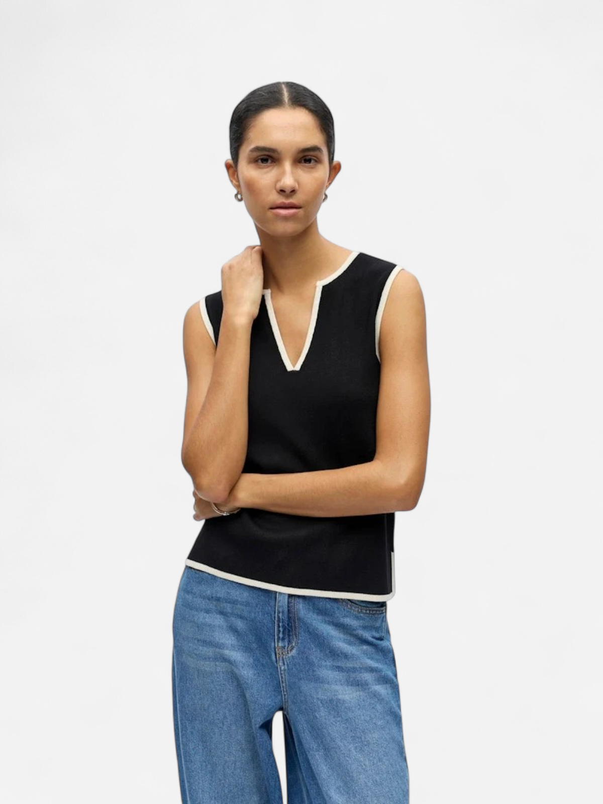 Object naisten toppi OBJVIVA S/L Re V-Neck Knit Top, Black Birch constras - Kekäle.fi