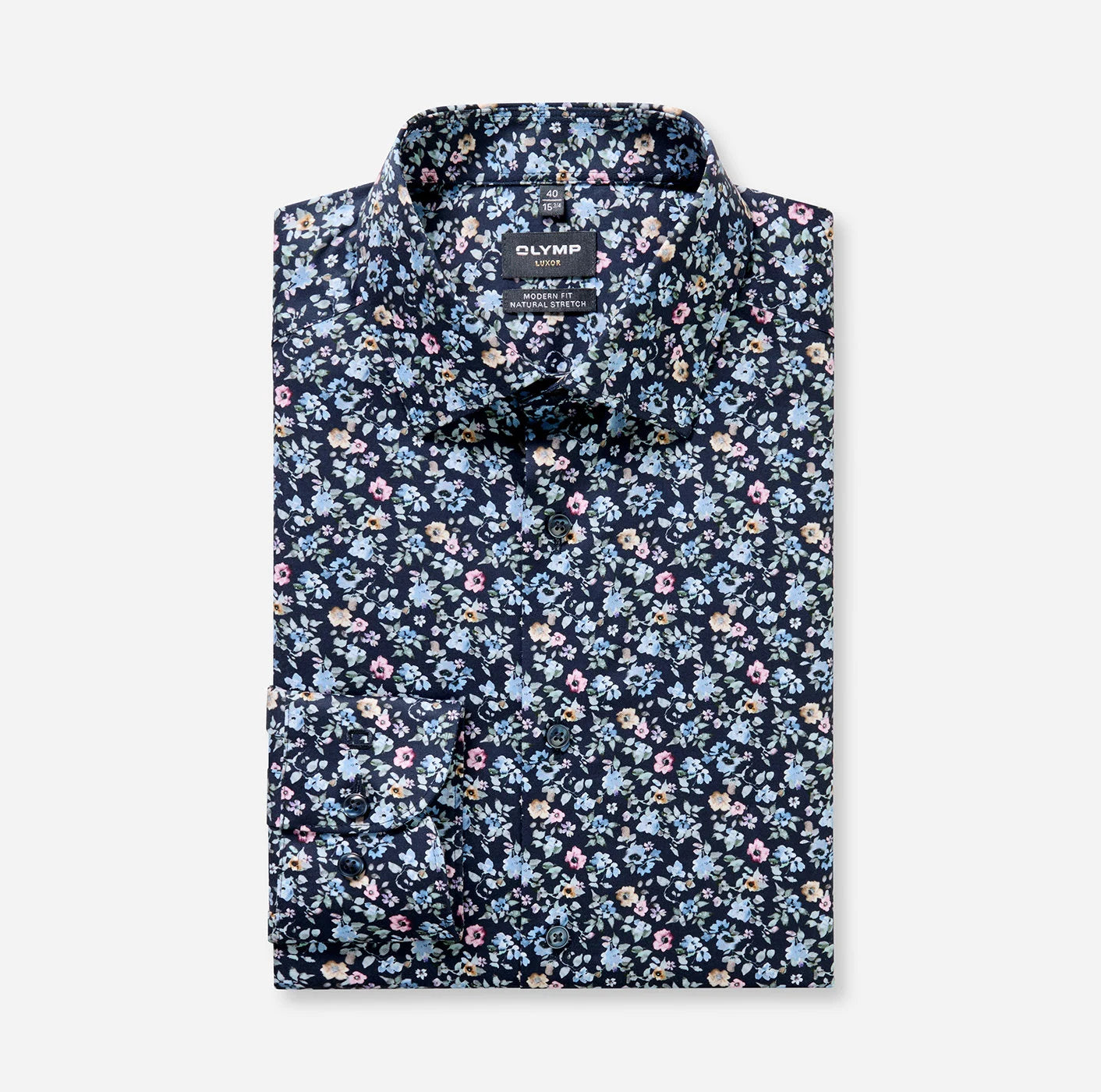 Olymp kauluspaita Luxor Modern Fit Floral Print, sininen kuosi