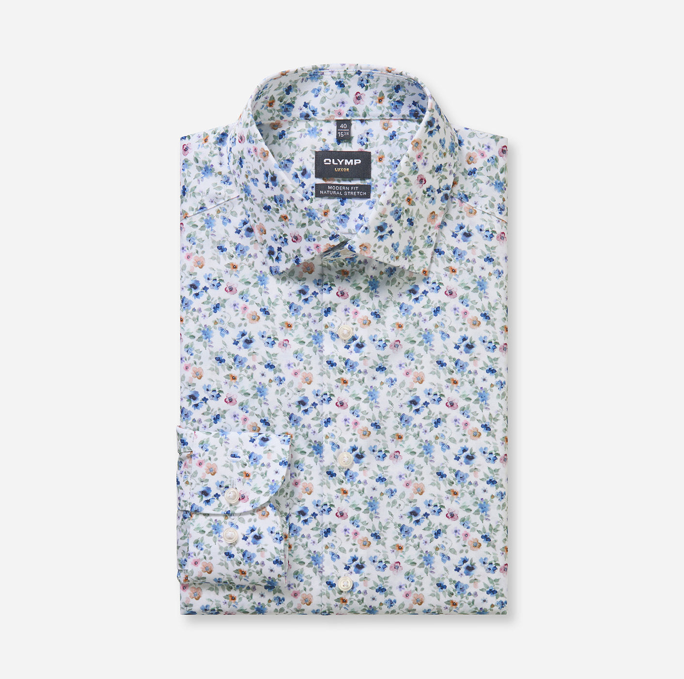 Olymp kauluspaita +Hiha Luxor Modern Fit Floral Print, valkopohjainen kuosi