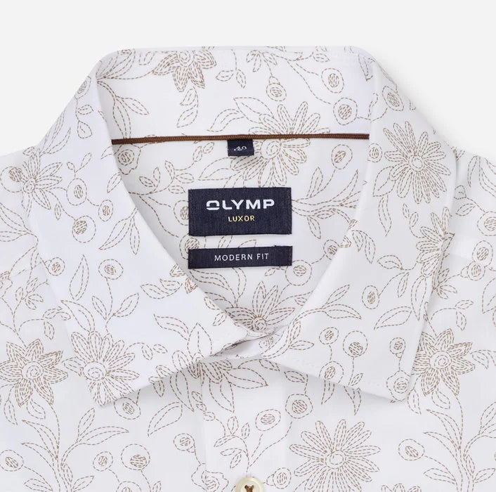 Olymp miesten lyhythihainen kauluspaita Luxor Modern Fit SS Floral Print, valkopohjainen kuosi