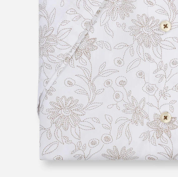 Olymp miesten lyhythihainen kauluspaita Luxor Modern Fit SS Floral Print, valkopohjainen kuosi