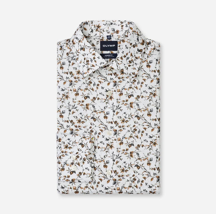 Olymp miesten kauluspaita Luxor Modern Fit Floral Print, valkopohjainen kuosi