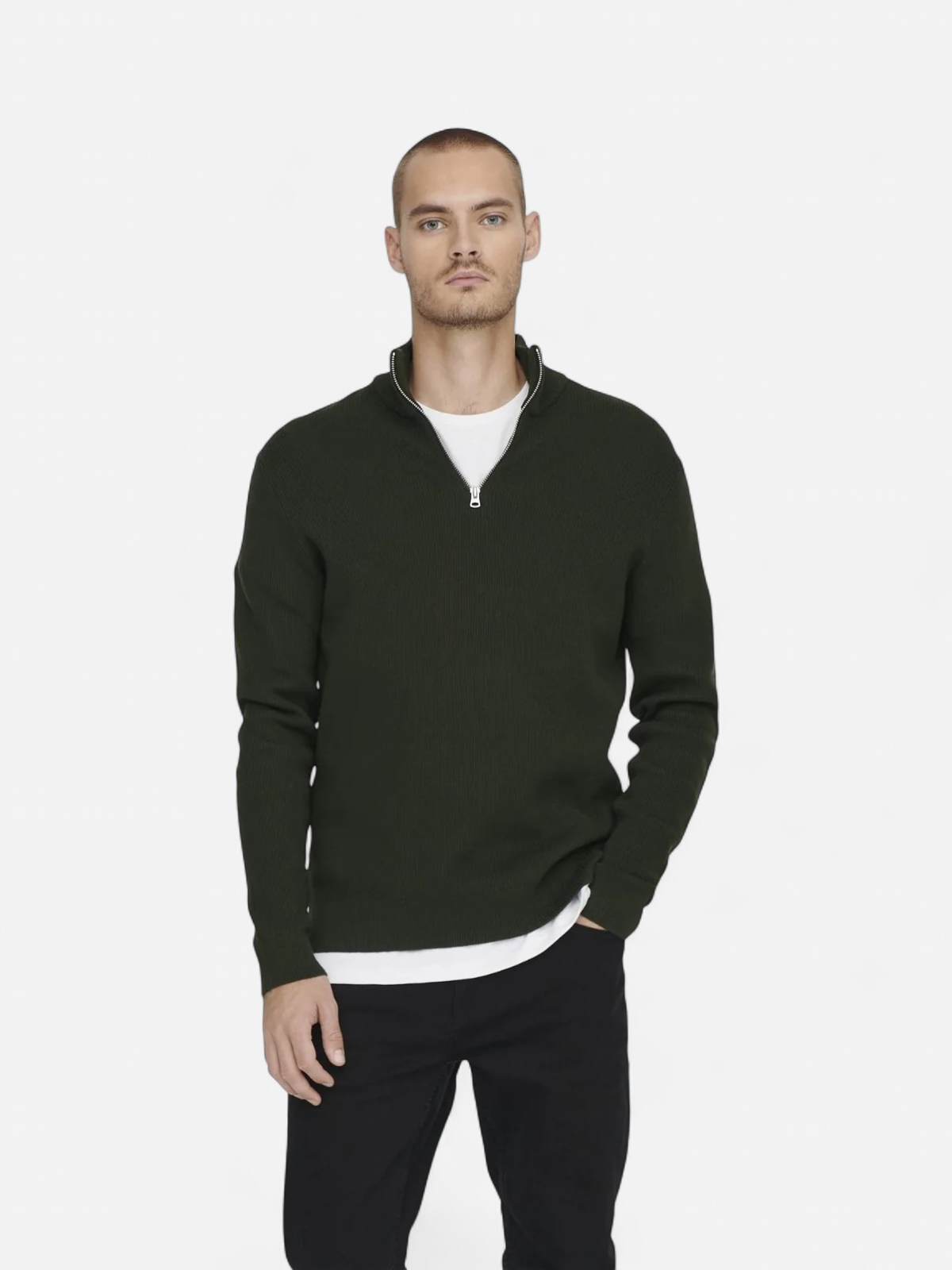 Only and Sons neule, PHIL COTTON HALF ZIP Armeijanvihreä - Kekäle.fi