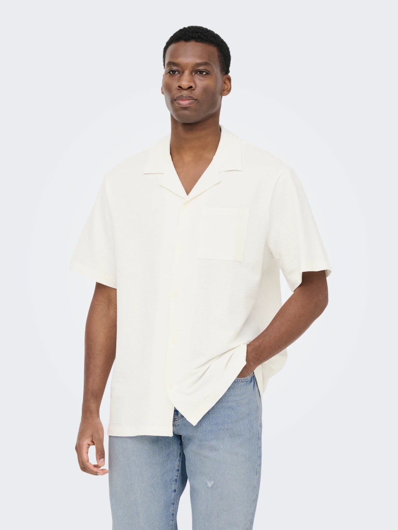 Only and Sons lyhythihainen kauluspaita ONSKIAN Life Reg Seersucker SS Tee, Cloud Dancer