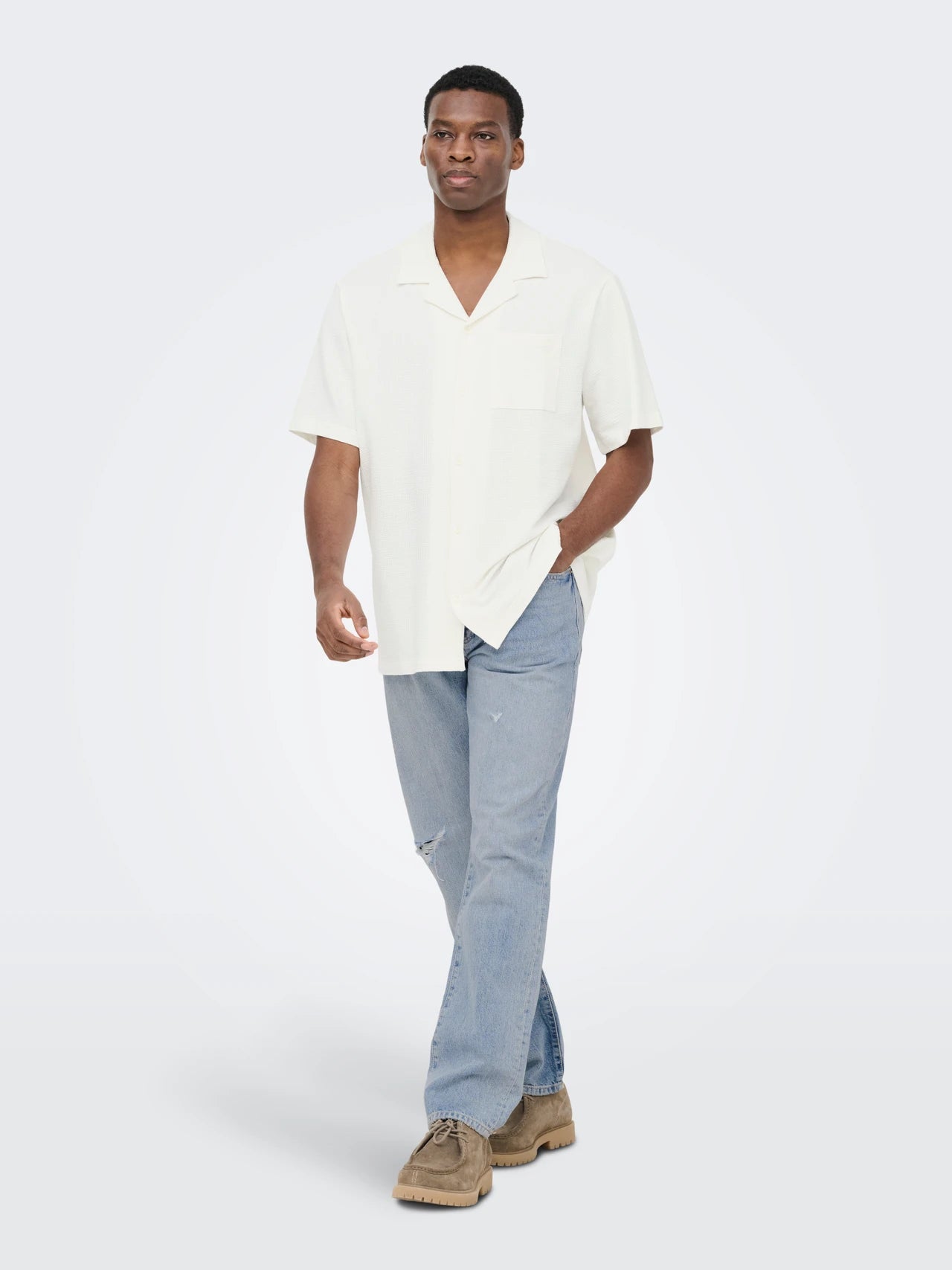 Only and Sons lyhythihainen kauluspaita ONSKIAN Life Reg Seersucker SS Tee, Cloud Dancer