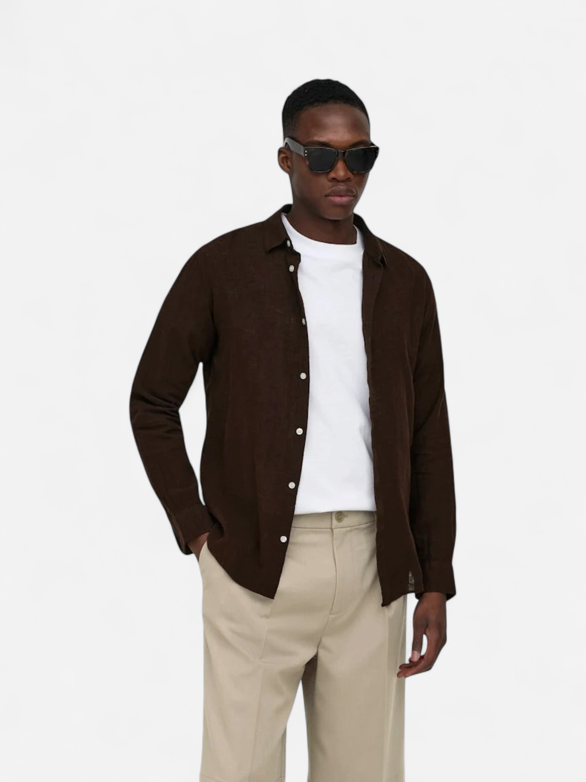 Only and Sons miesten kauluspaita ONSCaiden Life LS Solid Linen Blend H, Coffee Bean - Kekäle.fi
