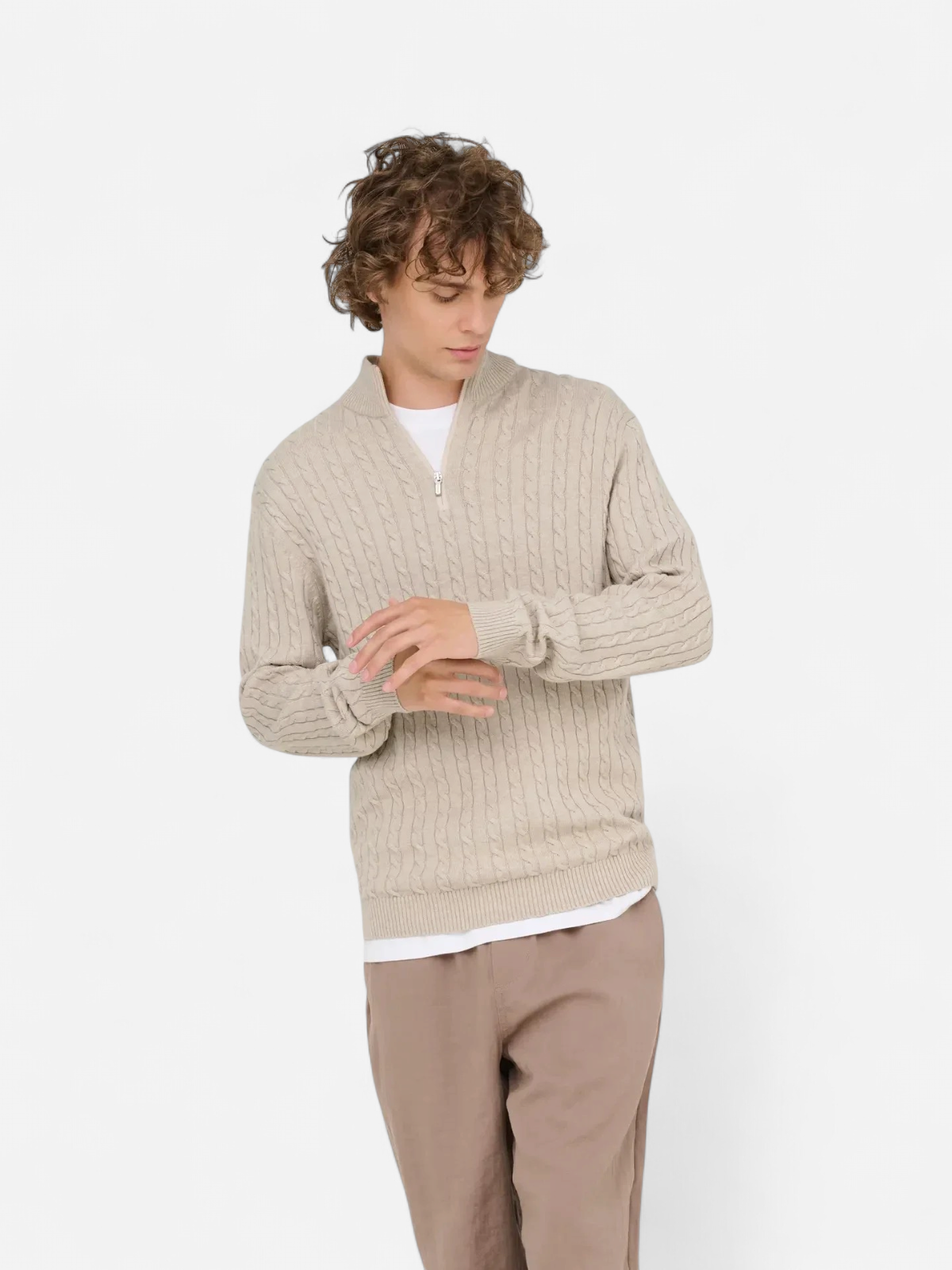 Only and Sons miesten neulepusero ONSLOUI CABEL HALF ZIP KNIT, Oatmeal Melange - Kekäle.fi