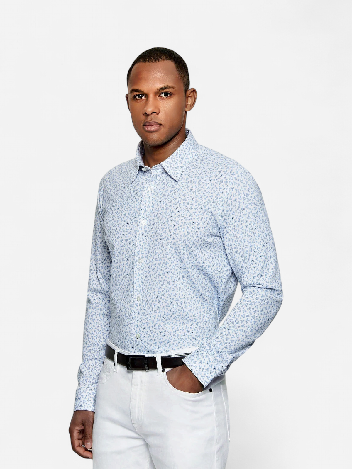 Hugo Boss miesten kauluspaita P-ROAN-K-F-261 Jersey Strech Shirt, valkopohjainen kuosi - Kekäle.fi