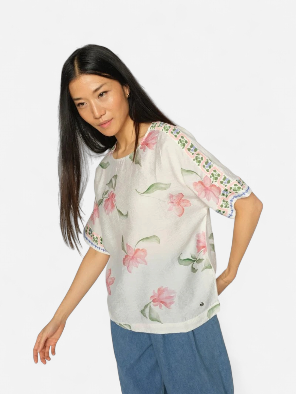 Mos Mosh naisten pusero Palma Big Orchid Blouse, valkopohjainen kuosi - Kekäle.fi