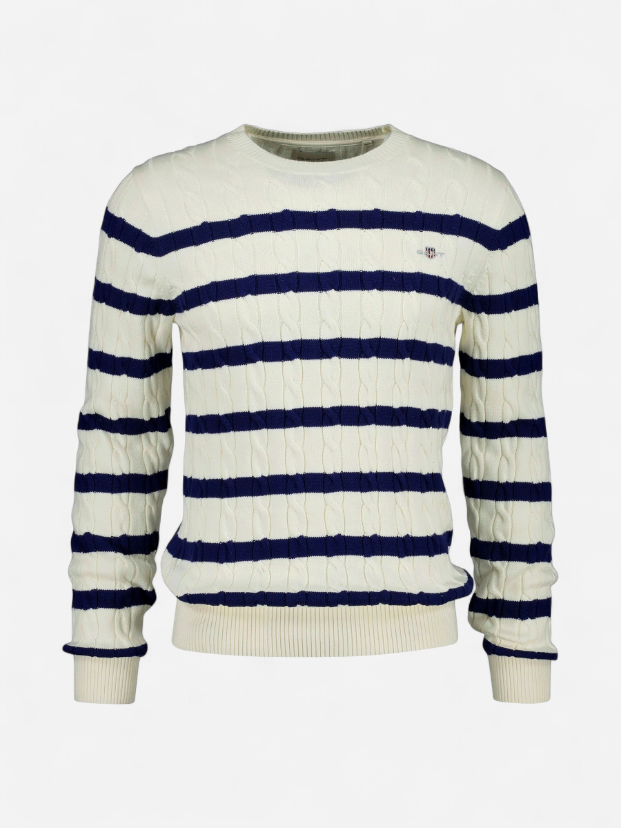 Gant miesten neulepusero Striped Cotton Cable C-Neck, luonnonvalkoinen - Kekäle.fi