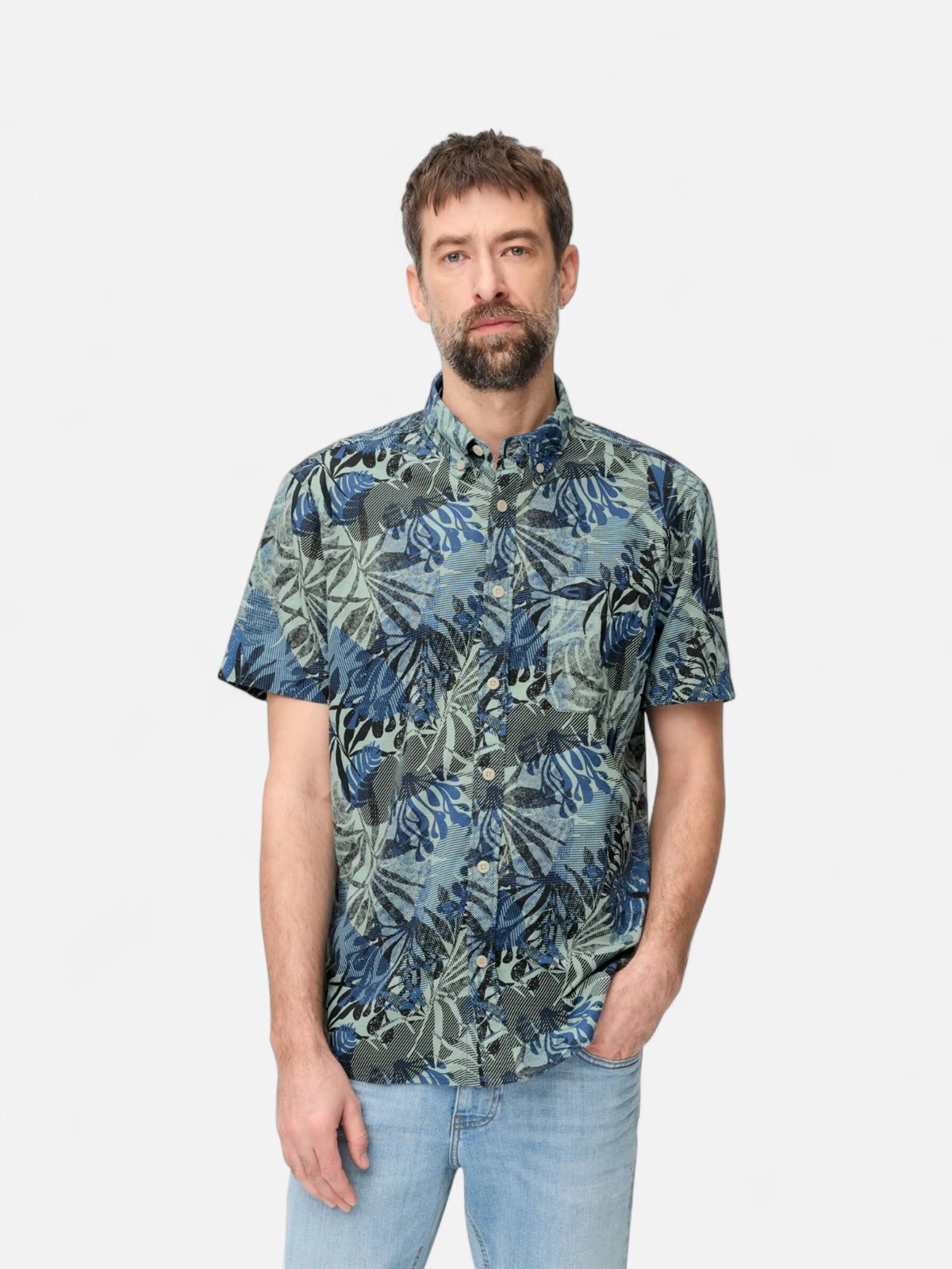 Camel Active miesten lyhythihainen kauluspaita Print SS Shirt LOS, sininen kuosi - Kekäle.fi