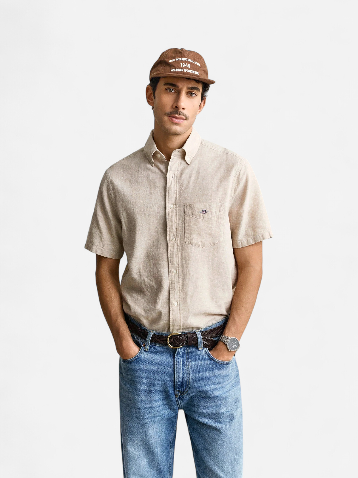 REG COTTON LINEN SHIRT SS BEIGE - Kekäle.fi