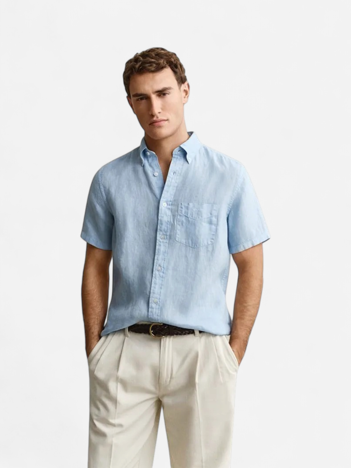 Gant miesten kauluspaita lyhythihainen Garment-Dyed Linen SS Shirt, keskisininen - Kekäle.fi