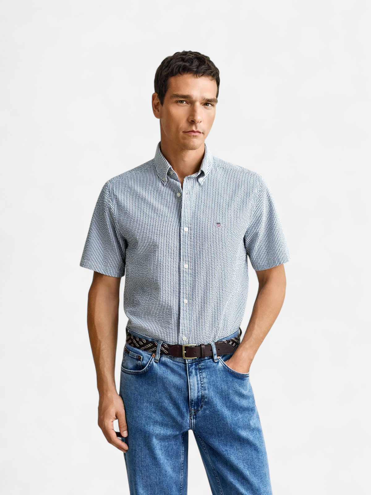 Gant miesten lyhythihainen kauluspaita Reg Seersucker Stripe SS Shirt, raidallinen sininen - Kekäle.fi