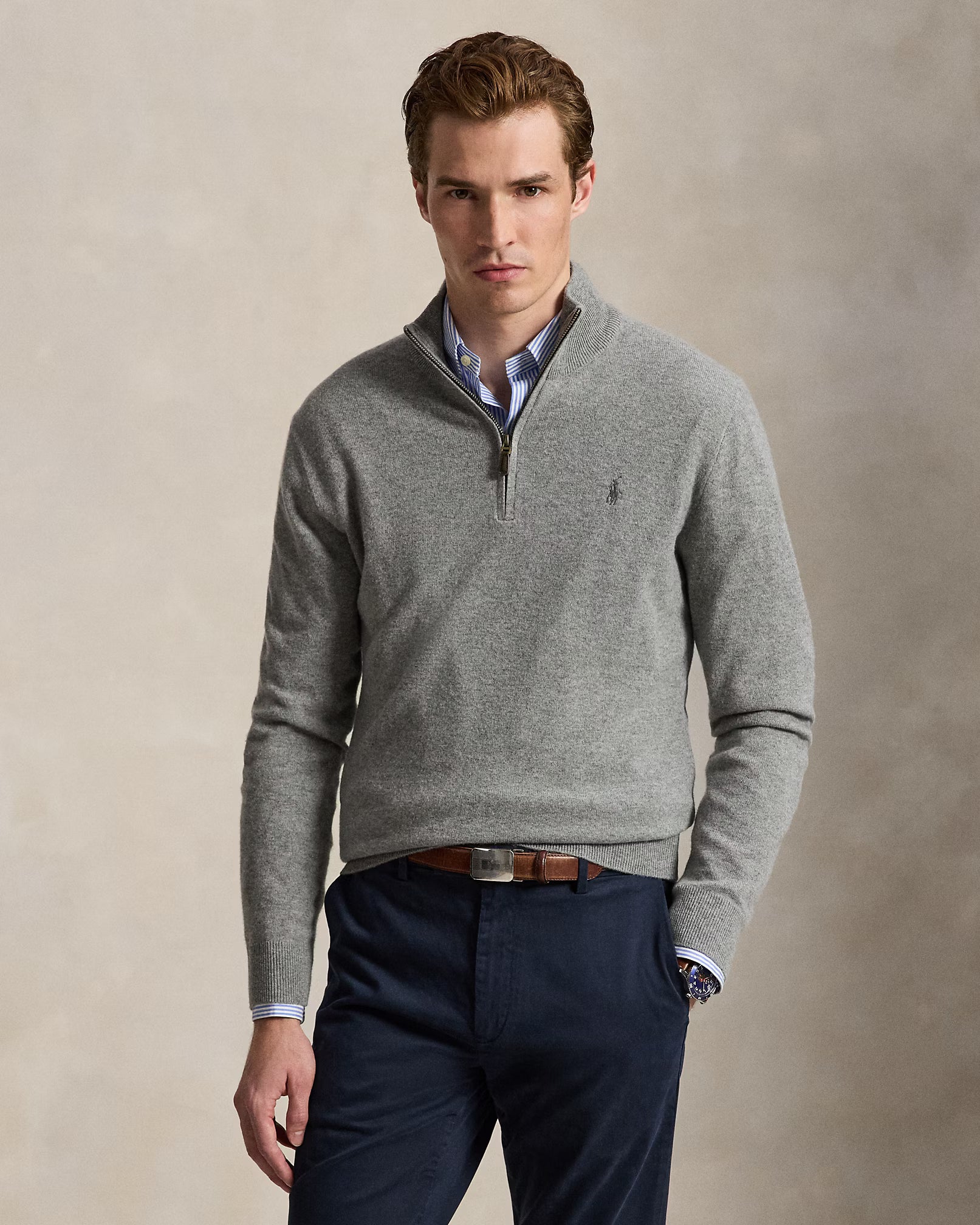 Polo Ralph Lauren miesten neulepusero Merino Wool Quarter-Zip Sweater, Harmaa