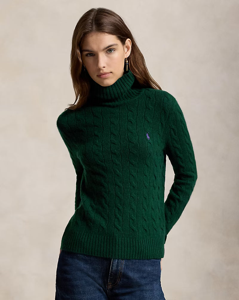 Polo Ralph Lauren naisten neulepusero Wool-Cashmere Cable Roll Neck Jumper, tummanvihreä