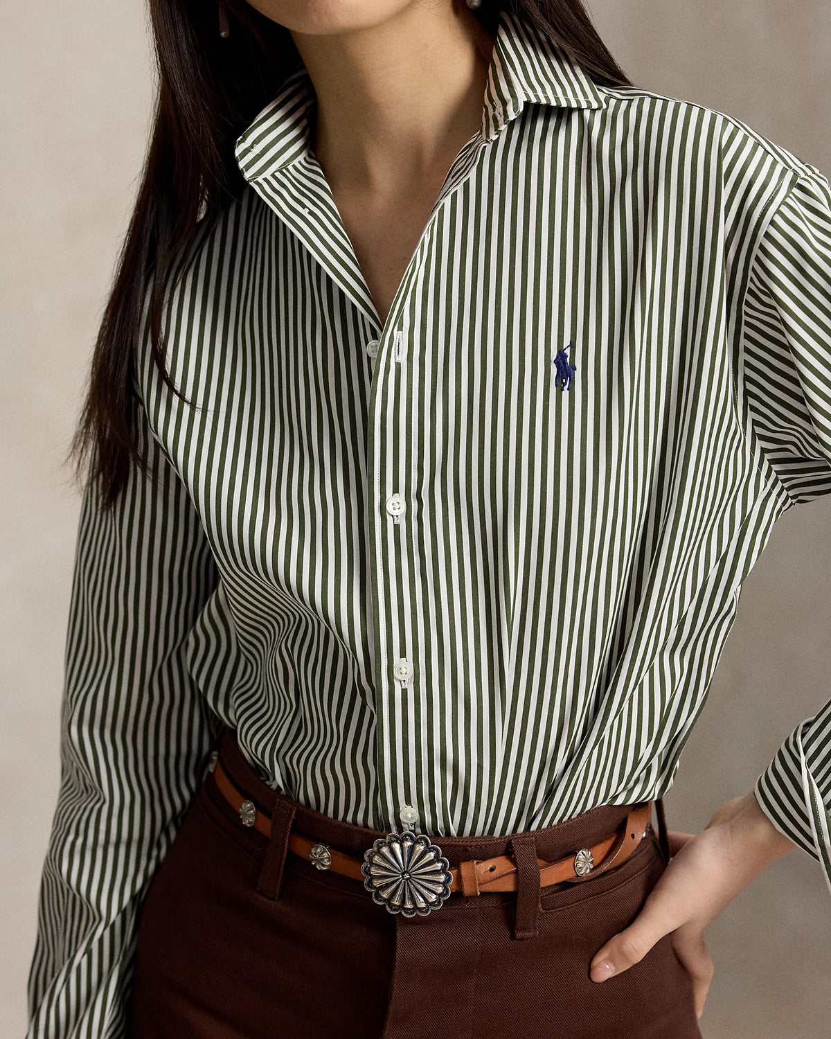 Polo Ralph Lauren naisten paitapusero Relaxed Fit Striped Cotton Shirt, raidallinen vihreä