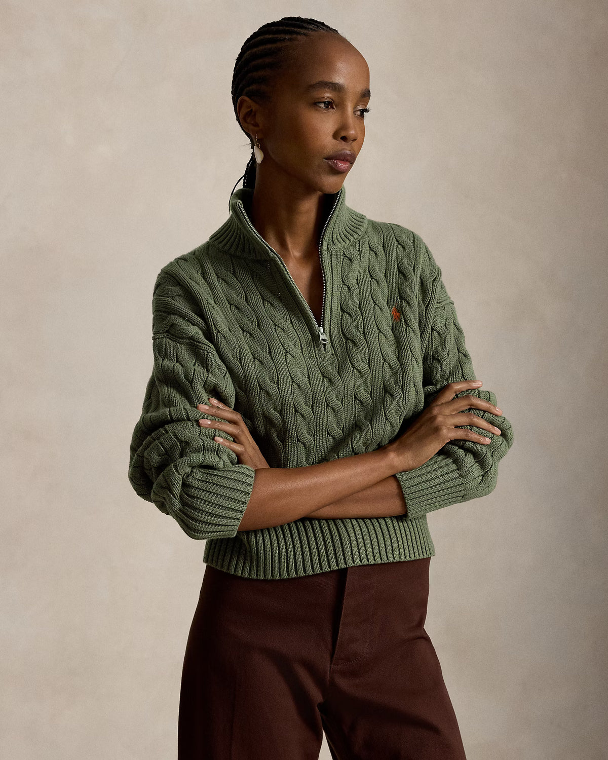 Polo Ralph Lauren naisten neulepusero Cable-Knit Cotton Quarter-Zip Jumper, tummanvihreä