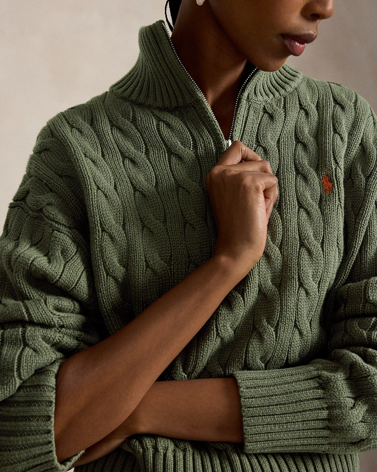 Polo Ralph Lauren naisten neulepusero Cable-Knit Cotton Quarter-Zip Jumper, tummanvihreä