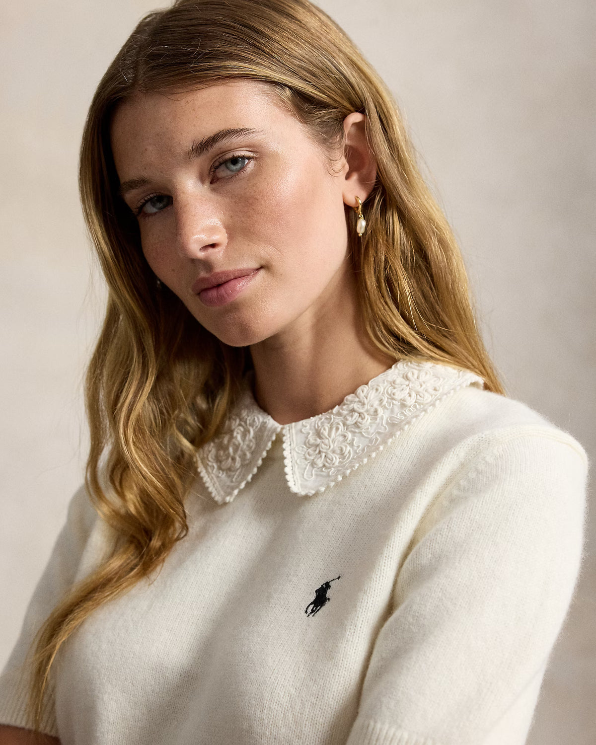 Polo Ralph Lauren naisten neulepusero Lace-Collar Short-Sleeve Jumper, Authentic Cream