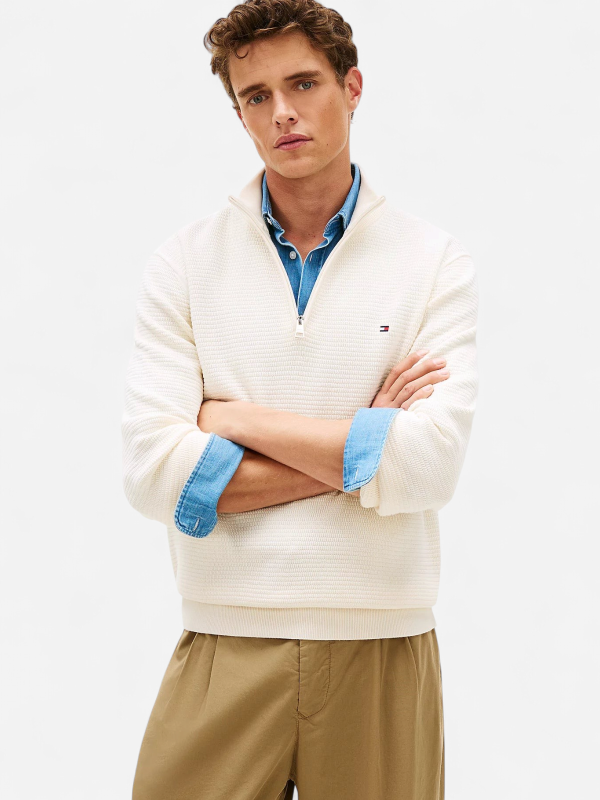 Tommy Hilfiger miesten neulepusero Seasonal Structure Zip Mock, luonnonvalkoinen - Kekäle.fi