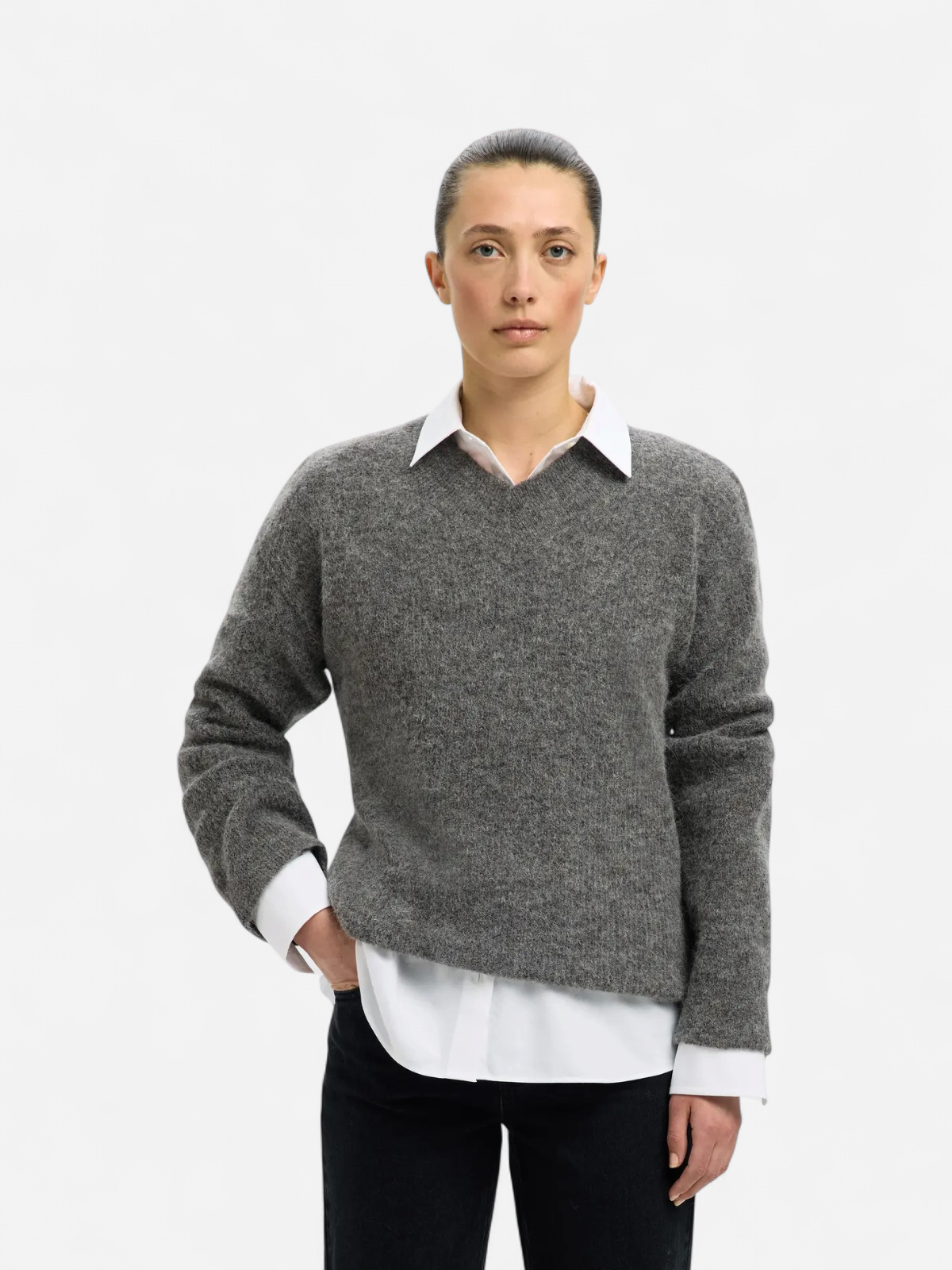 Selected Femme naisten neulepusero, SLFSIA RAS LS KNIT LONG V-NECK Medium Grey Melange - Kekäle.fi