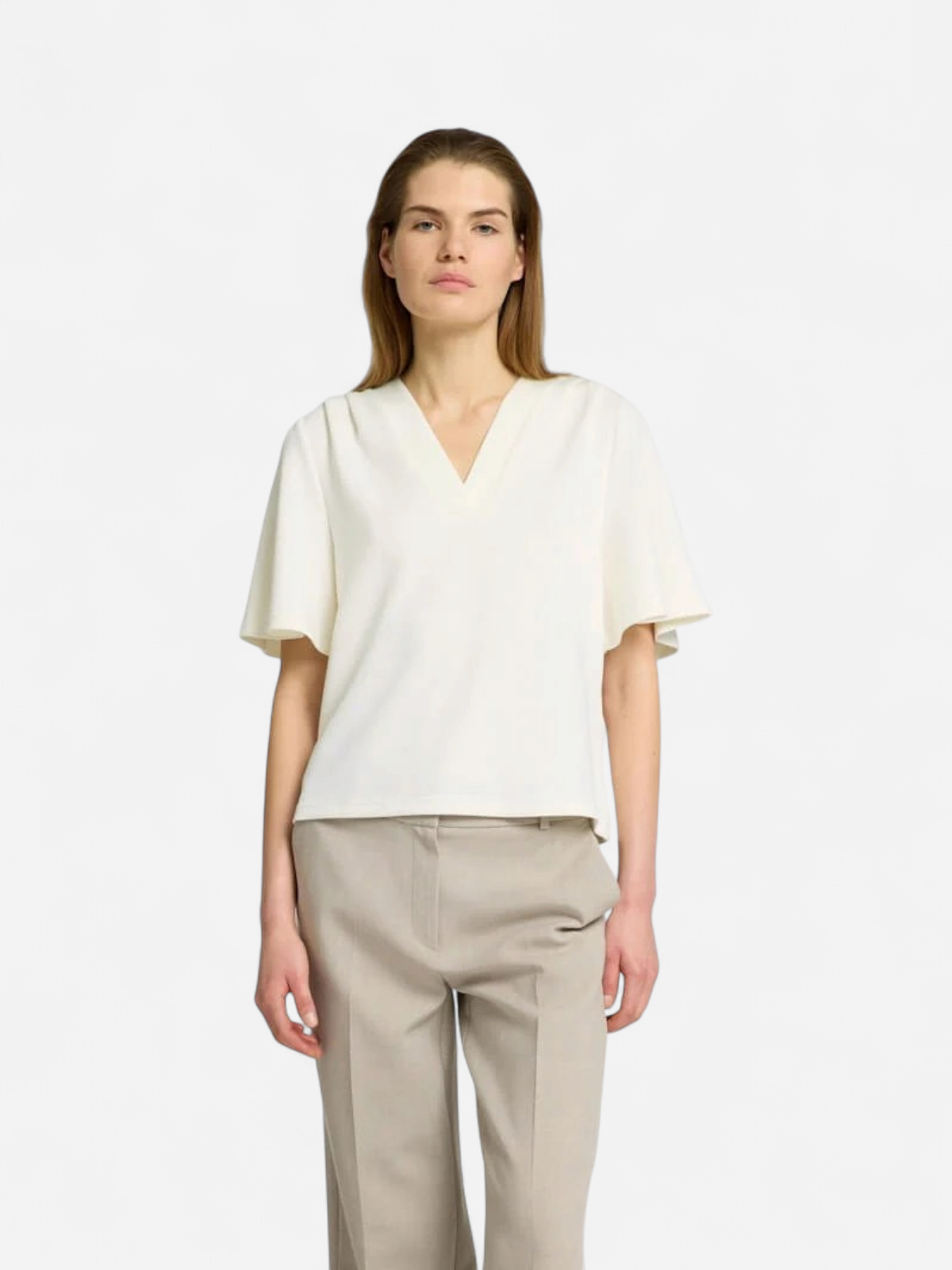 Selected Femme naisten paita, SLFTENNY SS V-NECK TOP Luonnonvalkoinen - Kekäle.fi