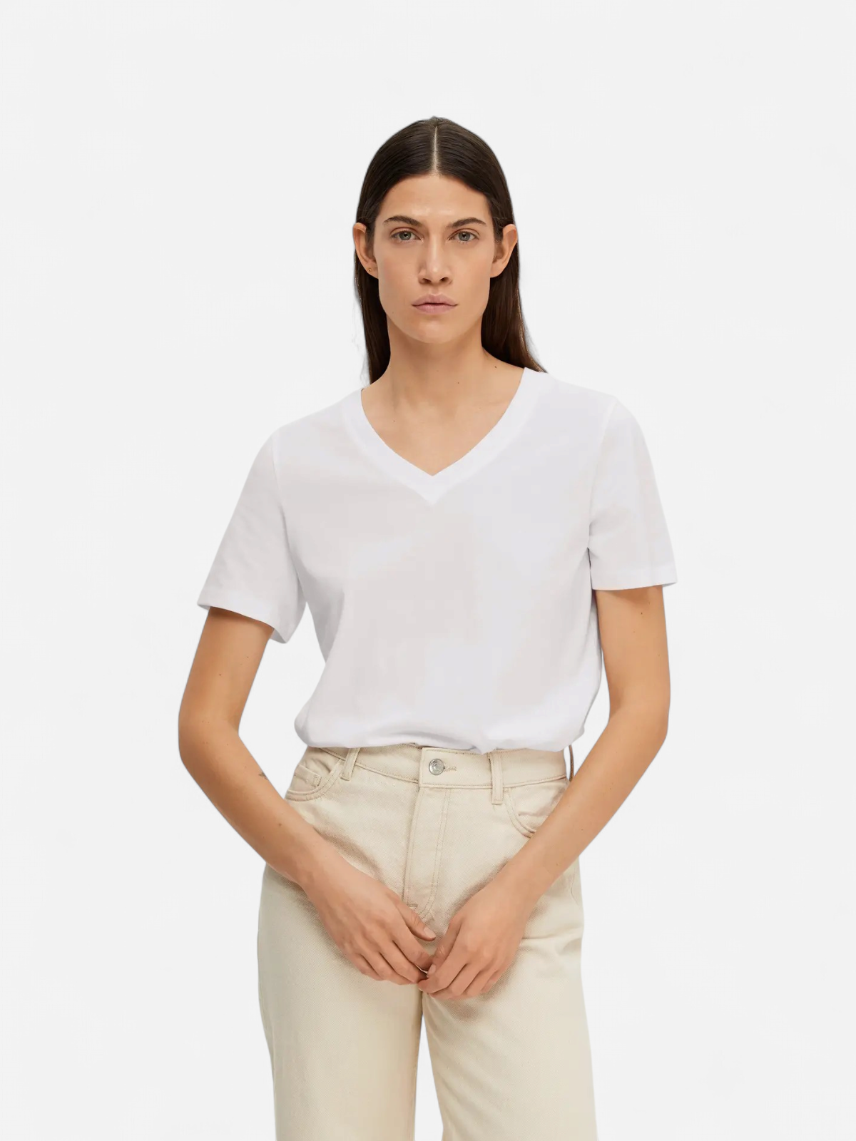 Selected Femme Naisten T-paita SLFESSENTIAL SS V-NECK TEE NOOS Bright White - Kekäle.fi