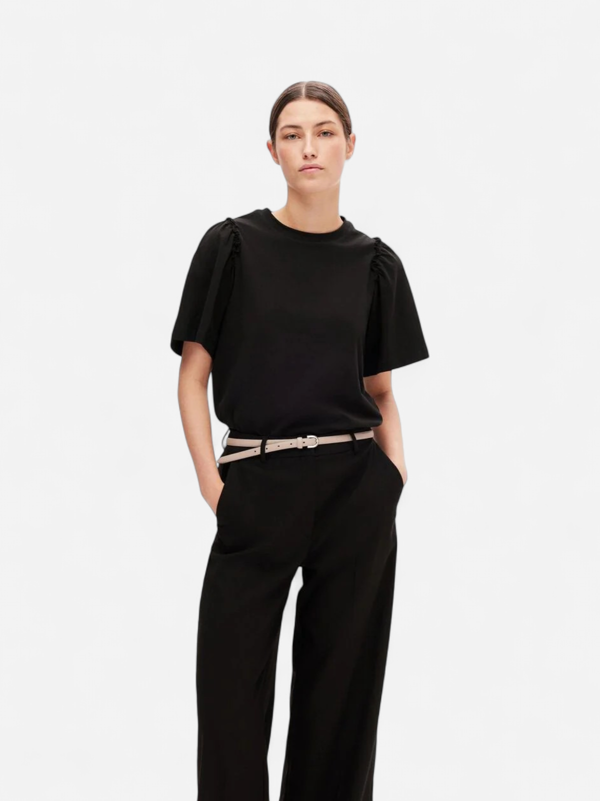 Selected Femme Naisten T-Paita, SLFPENELOPE 2/4 RUFFLE TEE Musta - Kekäle.fi