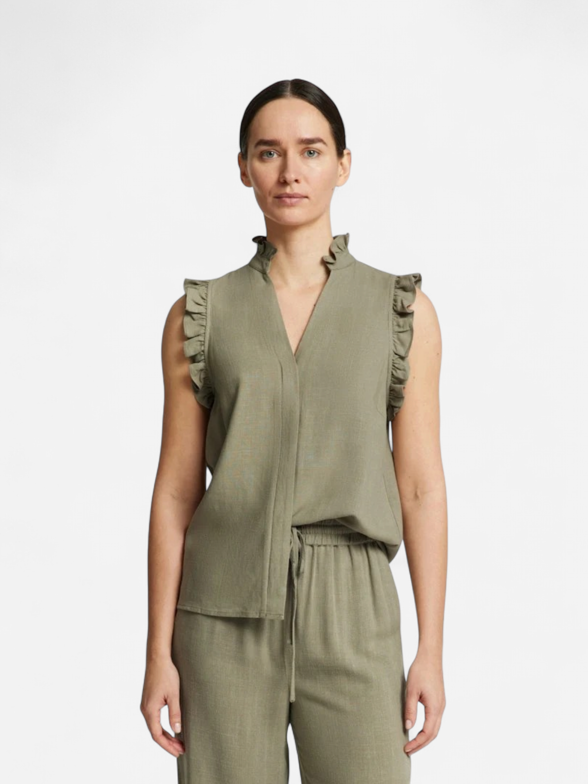 Selected Femme naisten toppi, SLFVIVA SL RUFFLE TOP  Khaki - Kekäle.fi