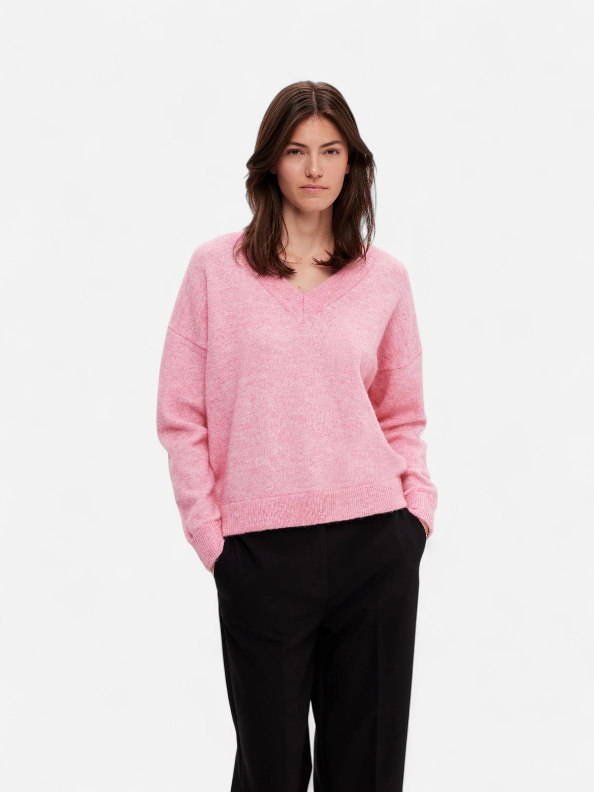Selected Femme neule, SLFMALINE LS KNIT V-NECK  Vaaleanpunainen - Kekäle.fi