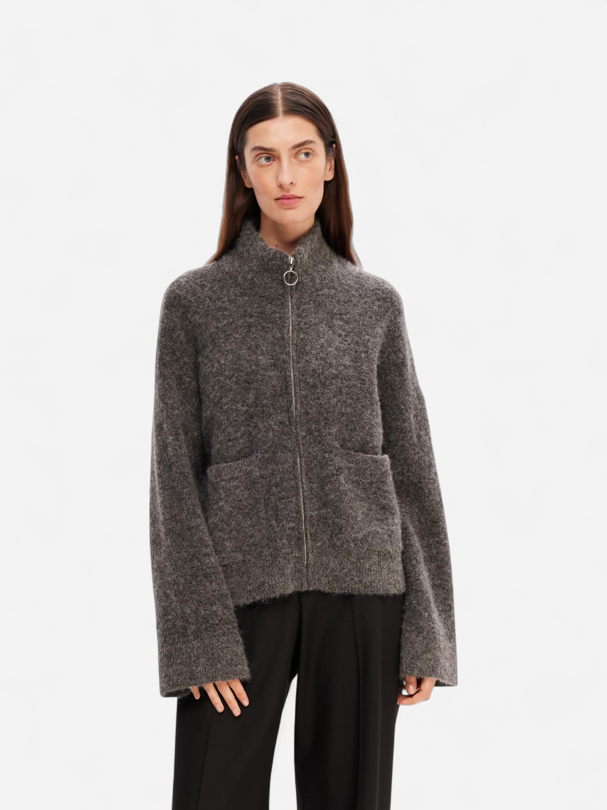 Selected Femme neuletakki, SLFSIA RAS LS KNIT ZIPPER CARDIGAN Grafiitti - Kekäle.fi