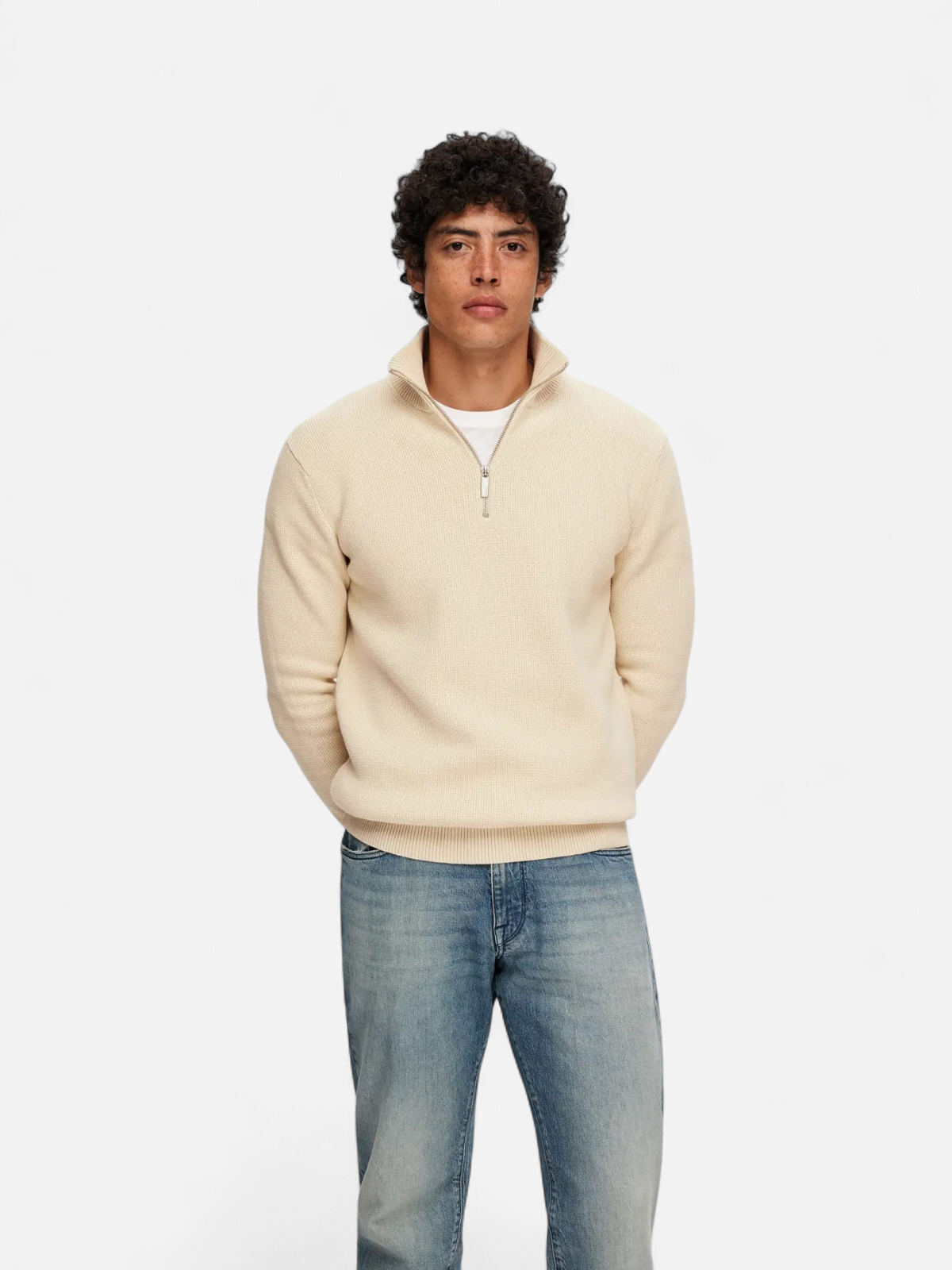 Selected Miesten Neulepusero, DANE LS KNIT STRUCTURE HALF ZIP Oatmeal - Kekäle.fi