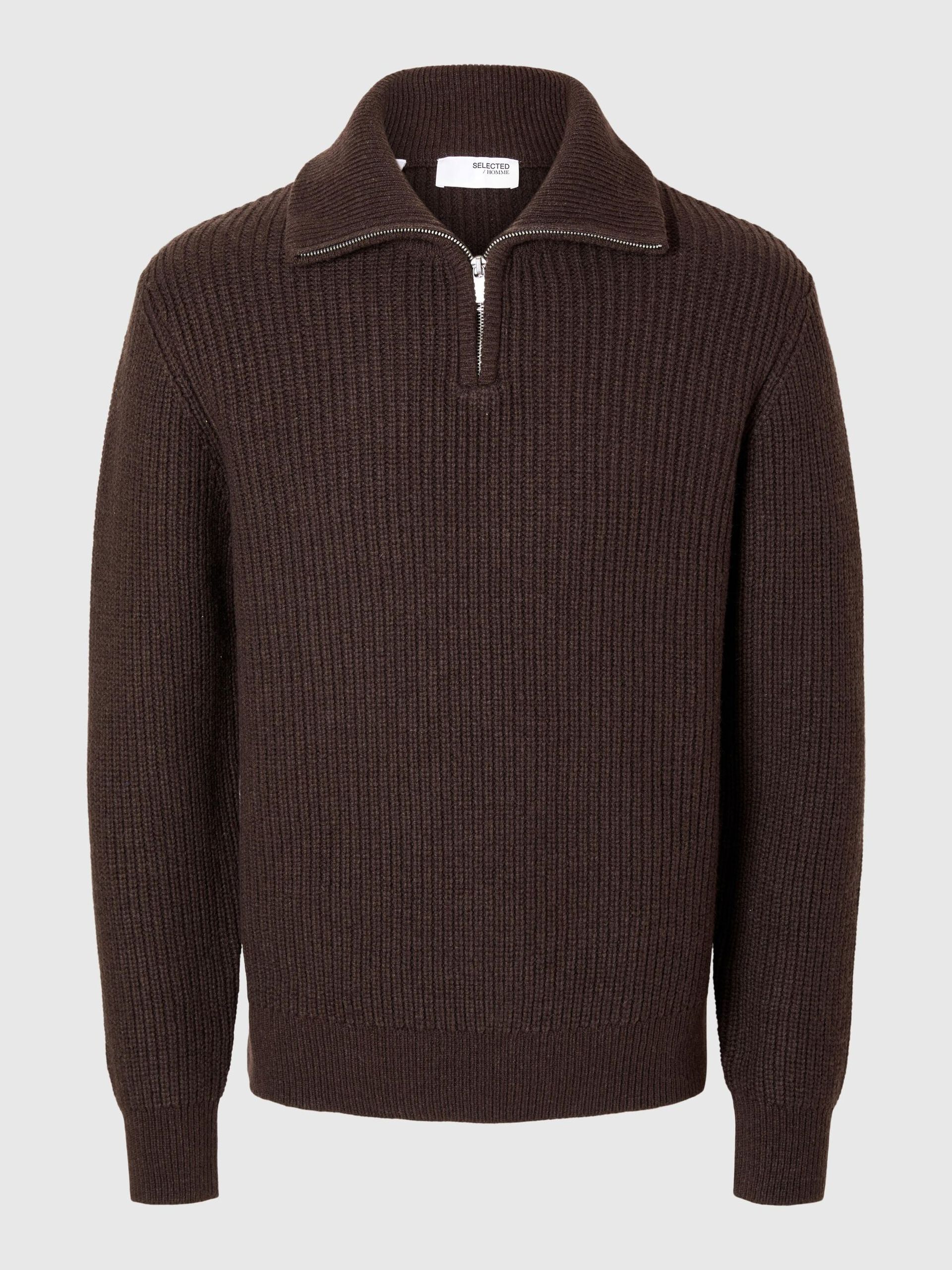 selected-miesten-neulepusero-land-ls-knit-halfzip-tummanruskea-3