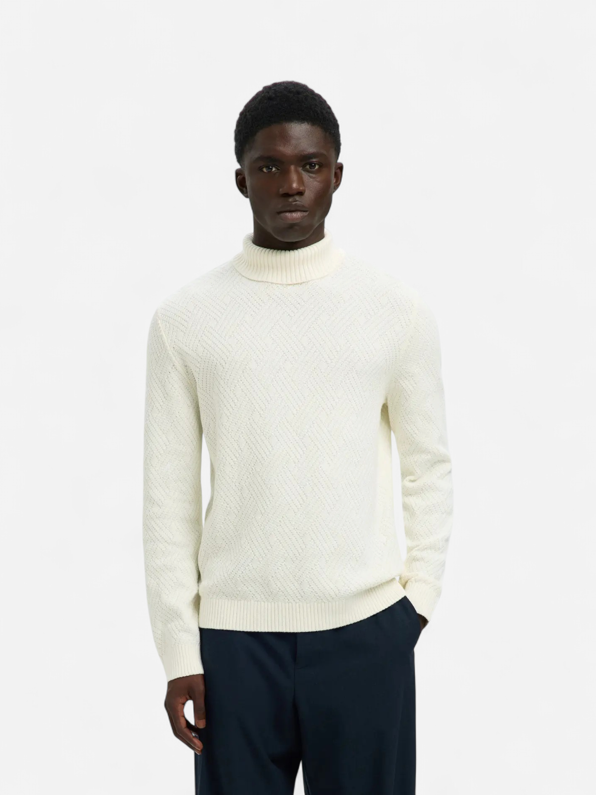 Selected miesten neulepusero, TREVOR LS KNIT STRUCTURE ROLL NECK Egret - Kekäle.fi