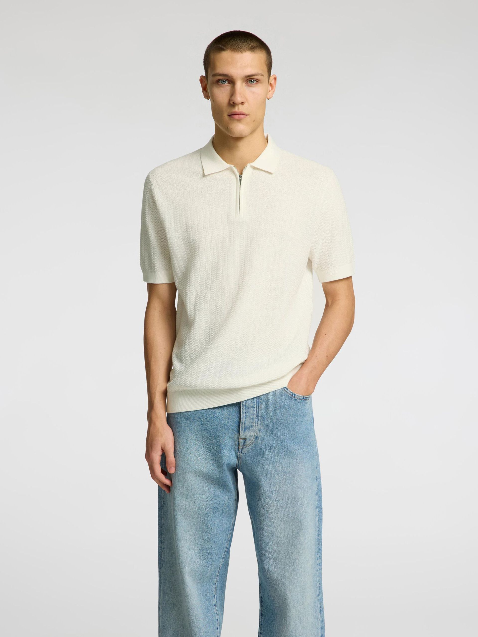 Selected miesten pikeepaita SlhCran Structure Zip, Egret