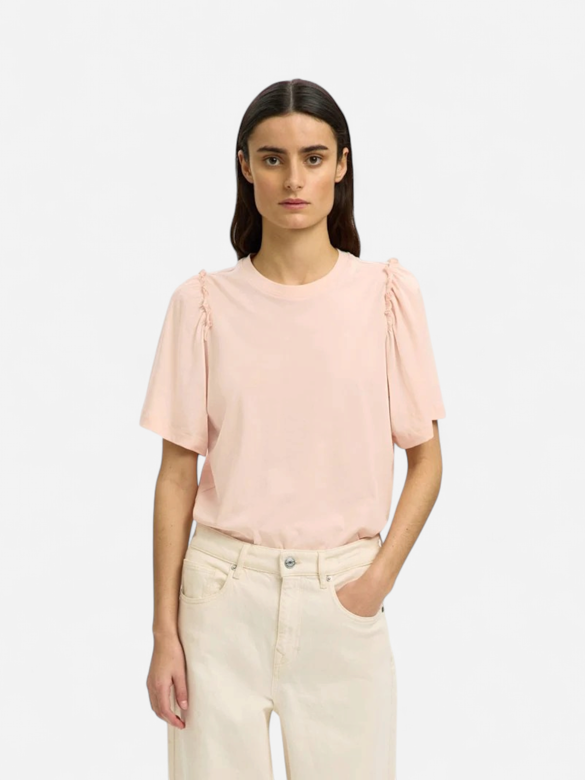 Selected Femme naisten t-paita SLFPENELOPE 2/4 Ruffle Tee, Pale Dogwood - Kekäle.fi