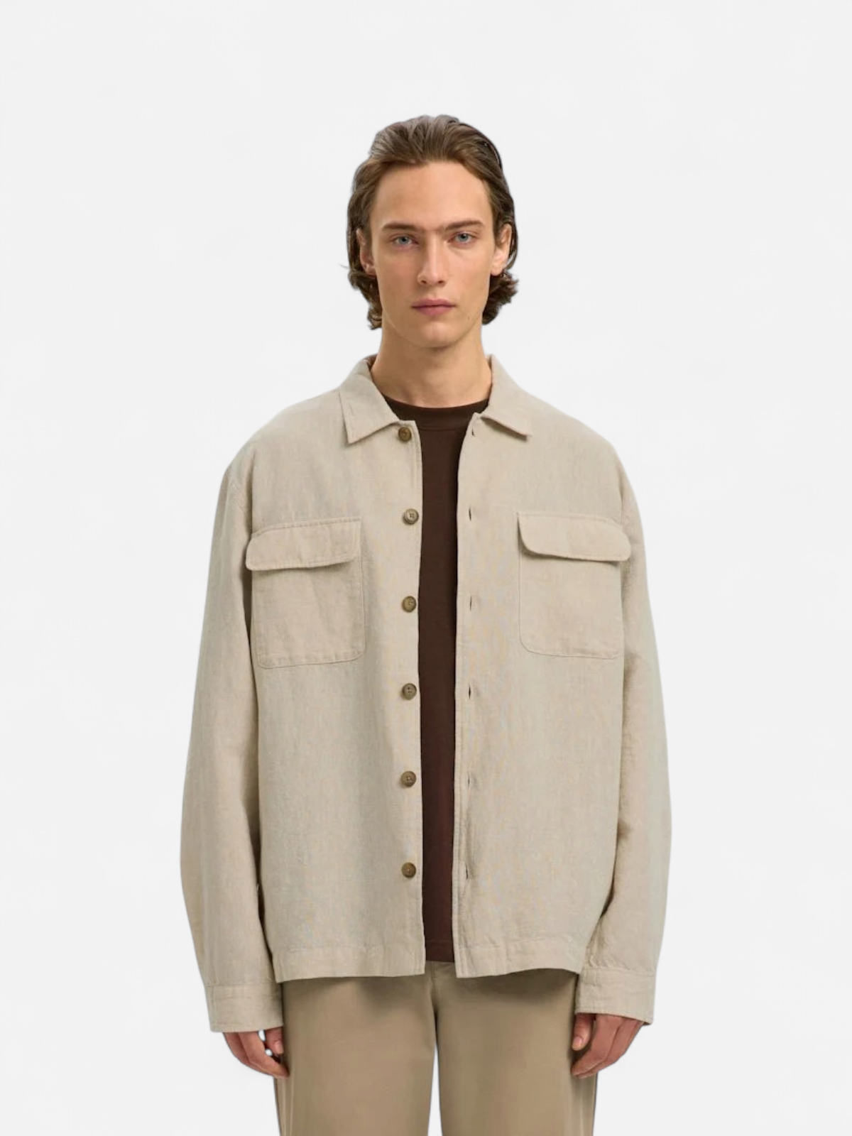 Selected miesten paitatakki SLHLEROY Linen Blend Overshirt, Pure Cashmere - Kekäle.fi
