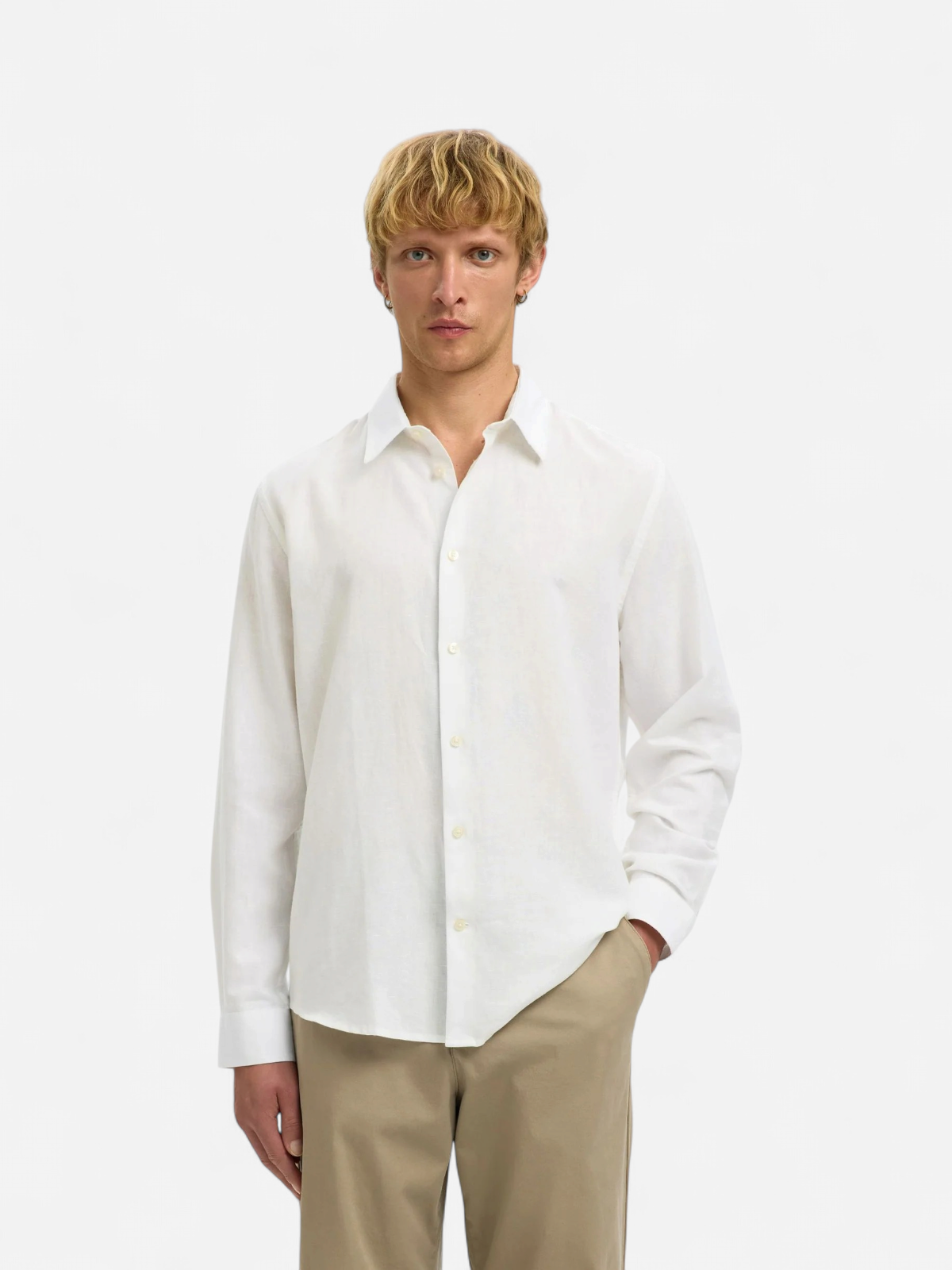 Selected miesten kauluspaita SLHREGCLAY Linenblend LS Shirt, Bright White - Kekäle.fi
